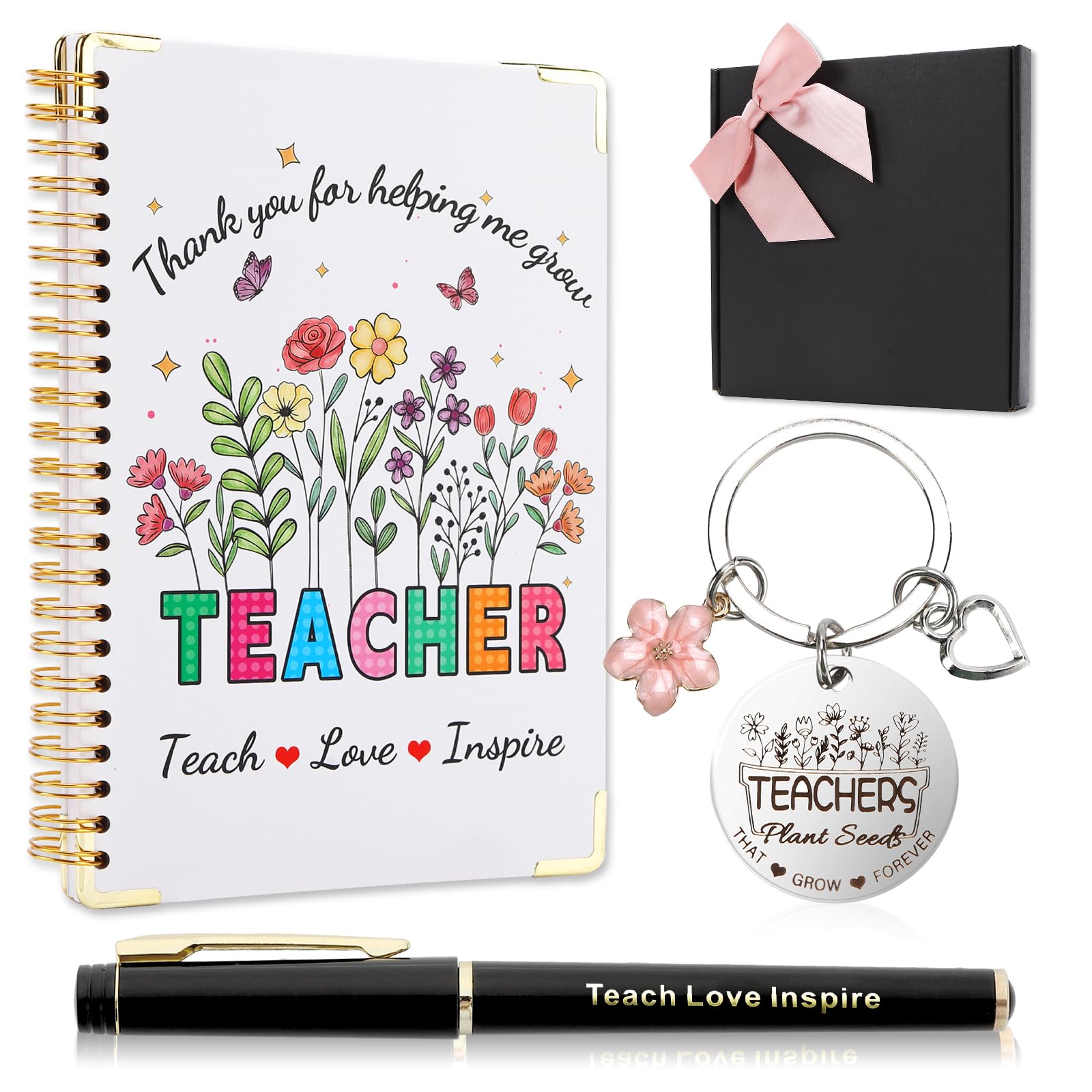 Echehi Thank You Teacher Gifts For Women, With A5 Spiral Notebook, Pen And Keychain In Box, Gift For Teacher End Of The Year (Teacher+Flowers Series)