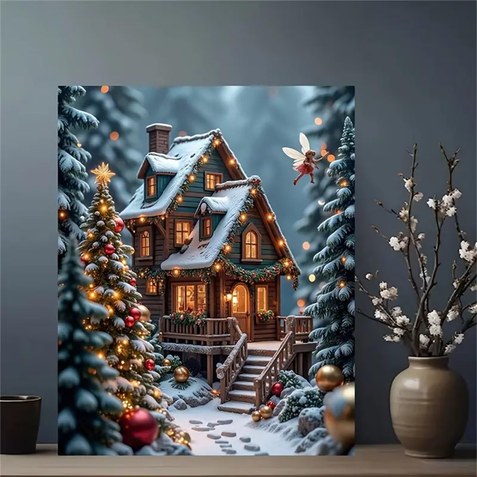 Pintar por Numeros para Adultos,sin marco Paint by Numbers Kit DIY Cuadros Pintura al óleo de Lienzo con pigmento acrílico y pinceles para Hogar Pared Decoración Paisaje de cabaña navideña,60x75 cm