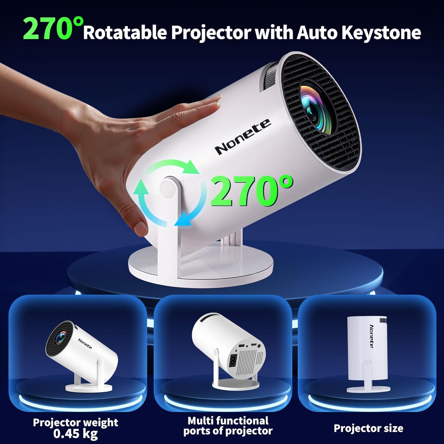 【Built-in Apps】Mini Projector 1080P, 4K Projector Full HD with WIFI 6 and Bluetooth 5.2, Support 270° Rotatable Portable Projector with Auto Keystone Correction,Compatible with Phone/HDMI/USB-White Whtie-Snow image 5 of 9 B0DX5VYJ85
