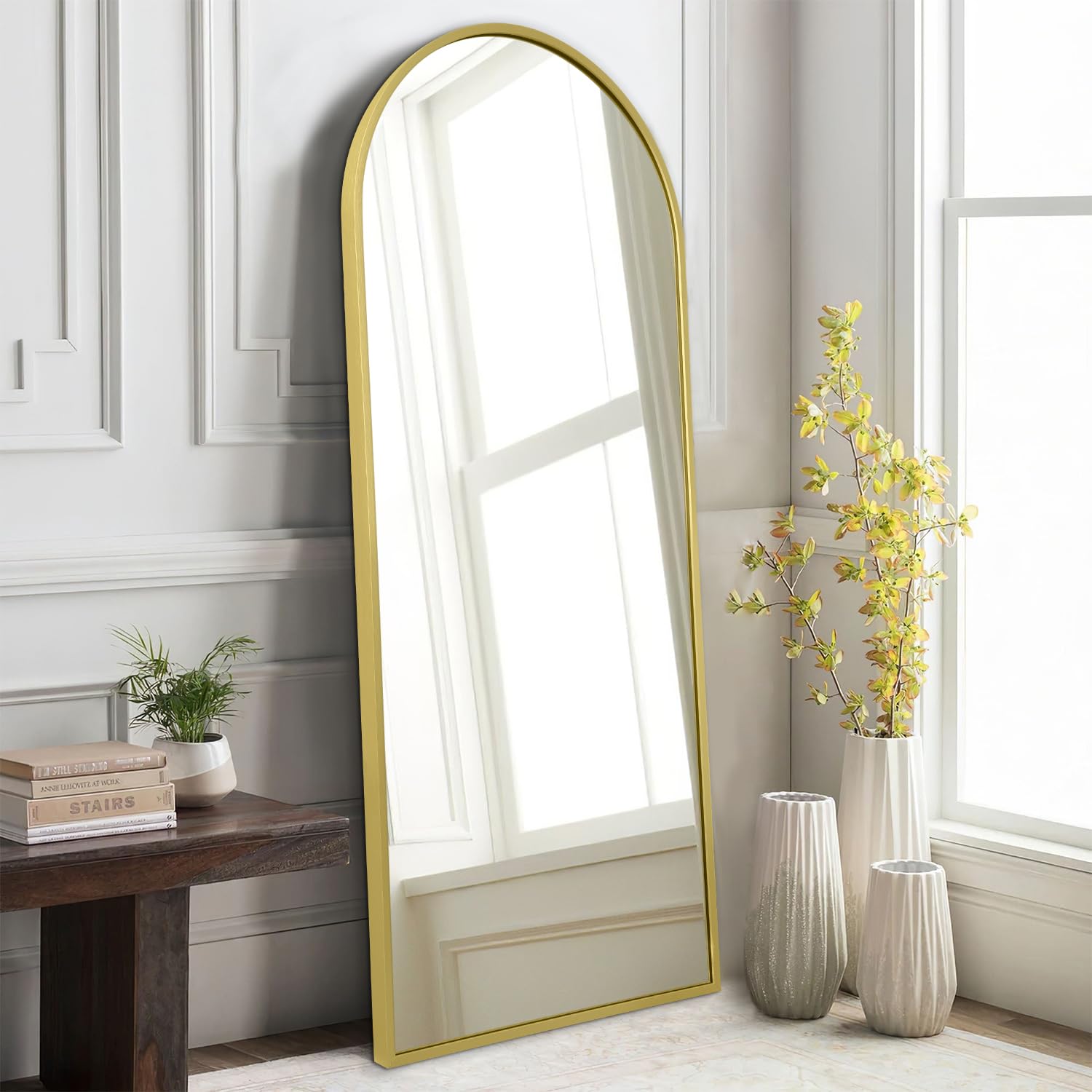 HLFMVWE Arch Bathroom Wall Mirror, Silver Large Arched Full Length Mirror, Metal Aluminum Frame Modern Simple Home Decor, Leaning Against for Bedroom Living Room 120x40cm
