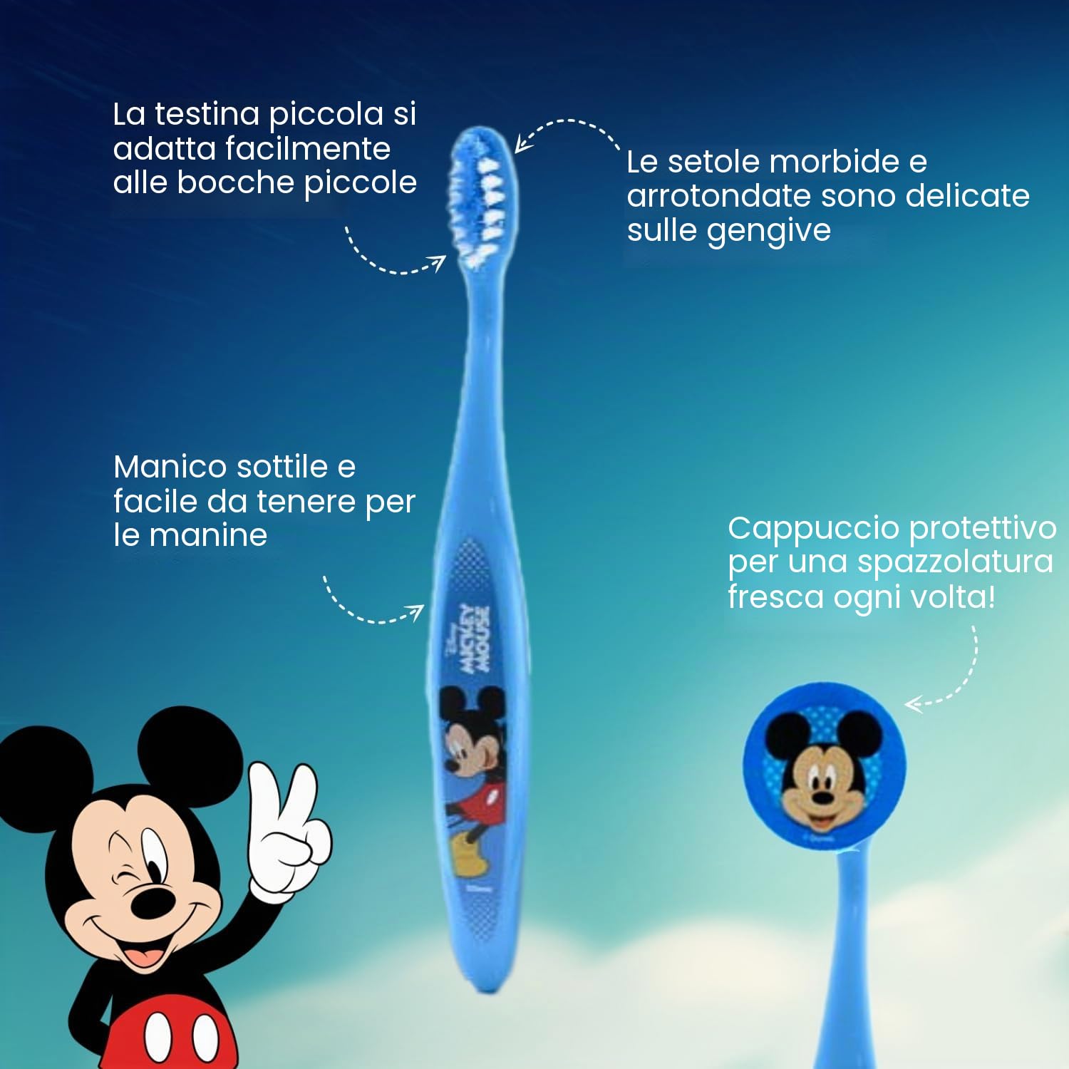 Mickey Mouse - Set di sacchetti per bambini, adatto ai viaggi, con spazzolino manuale con ventosa, tappo da viaggio, dentifricio al gusto di menta delicata per bambini da 75 ml e bicchiere Mr. White