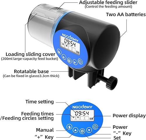 Miniatura 2 de Noodoky Alimentador automático de peces de carga USB dispensador automático de alimentos para peces para acuario o tanque de tortuga pequeña
