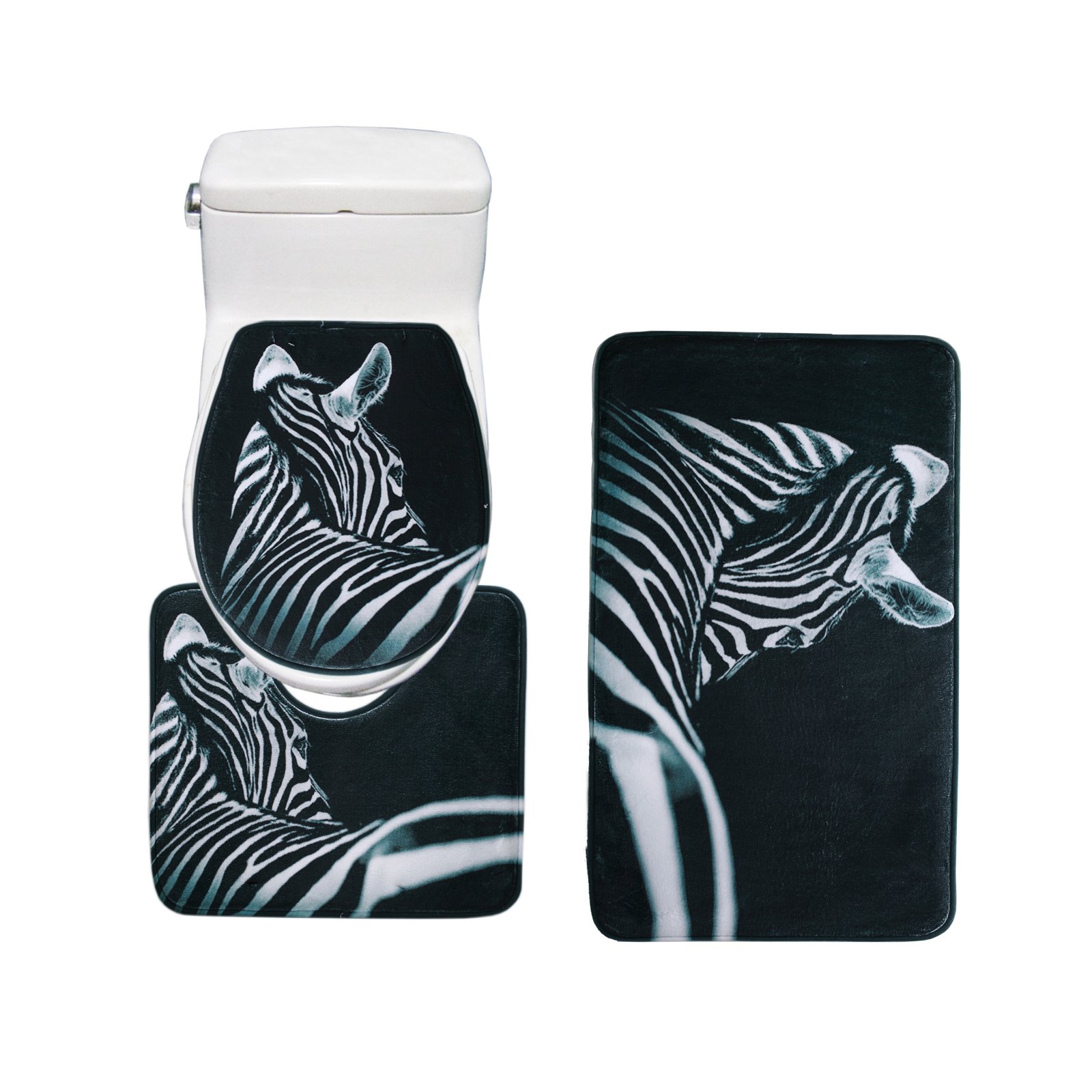 Bearbae Flannel Non Slip 3 Piece Black and White Zebra Patten Bathroom Mat Sets, Bath Mat + Pedestal Mat + Toilet Seat Cover Mat