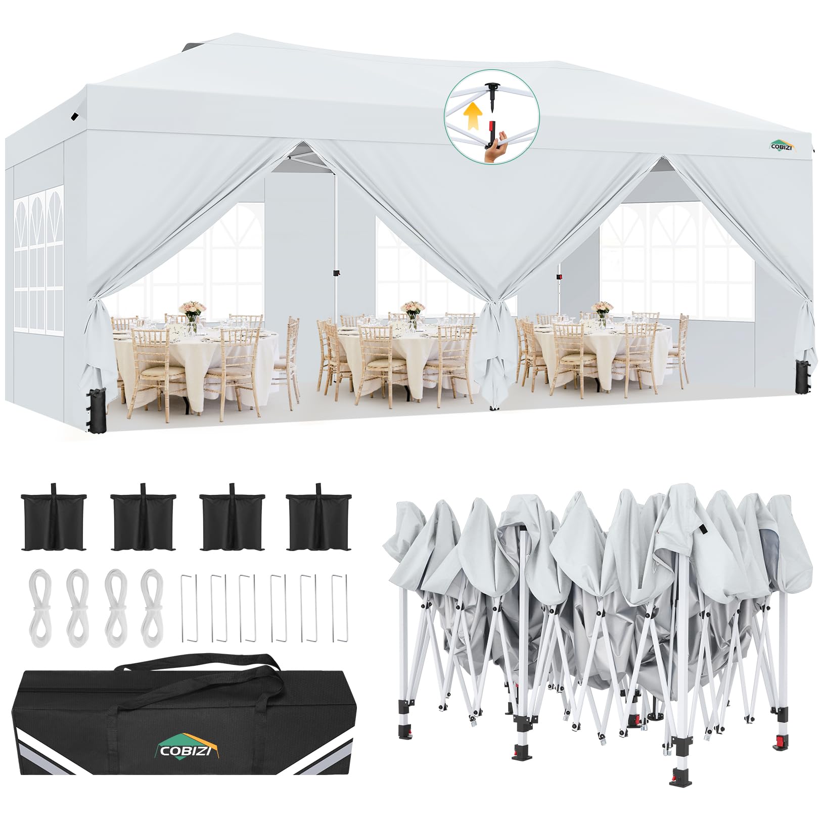 cobizi canopy 10x20 pop up canopy tent with 6 sidewalls, one push party tents for parties outdoor wedding waterproof gazebo commercial event tent with sandbags, white