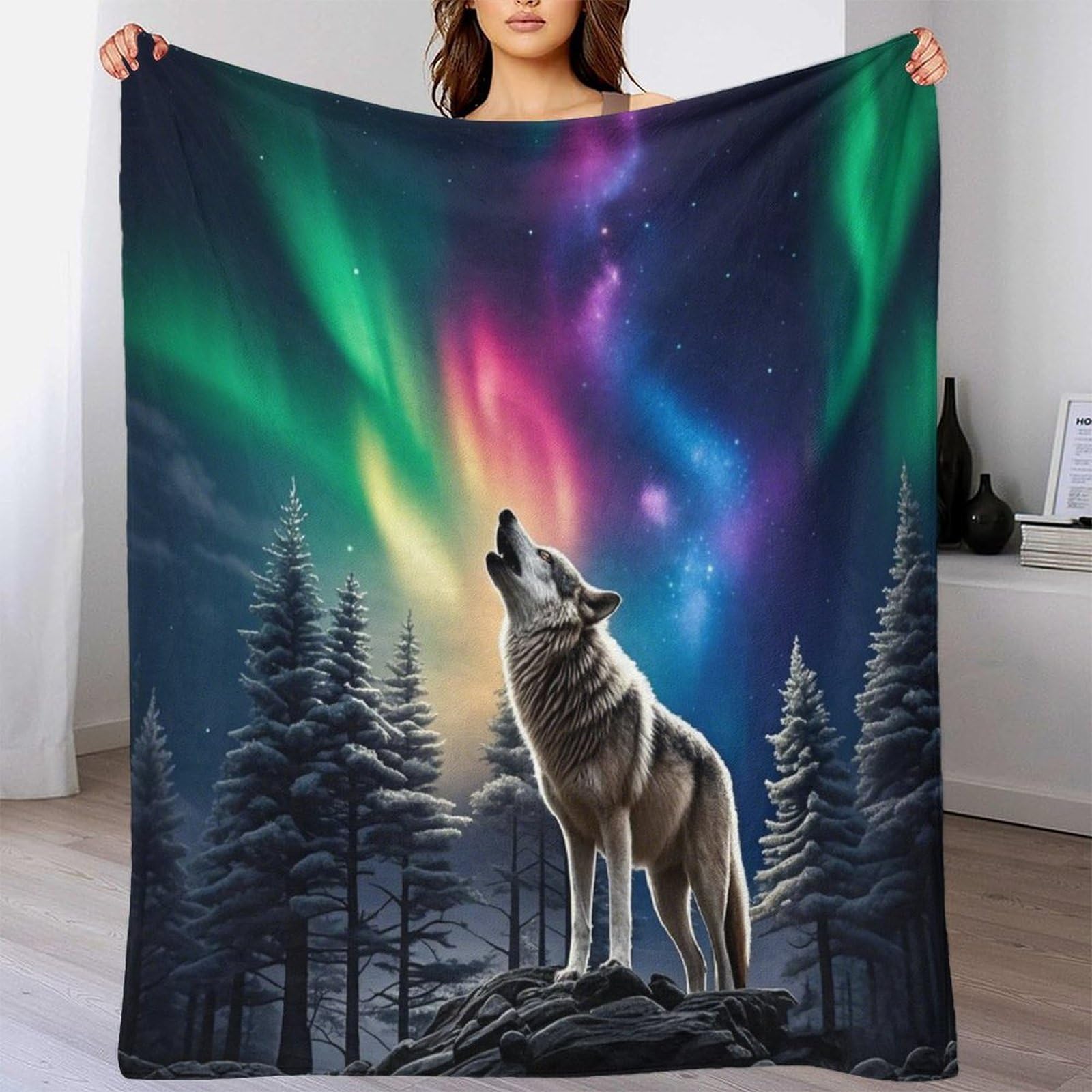 Lililaobiao Howling Wolf-2 Super Soft Howling Wolf Throw Blanket 80X90inch(200X230cm) Premium Silky Flannel Fleece 3D Colorful Aurora Lightweight Bed Blanket All Season Use Cozy Wearable Fleece Blanket With Sleeves