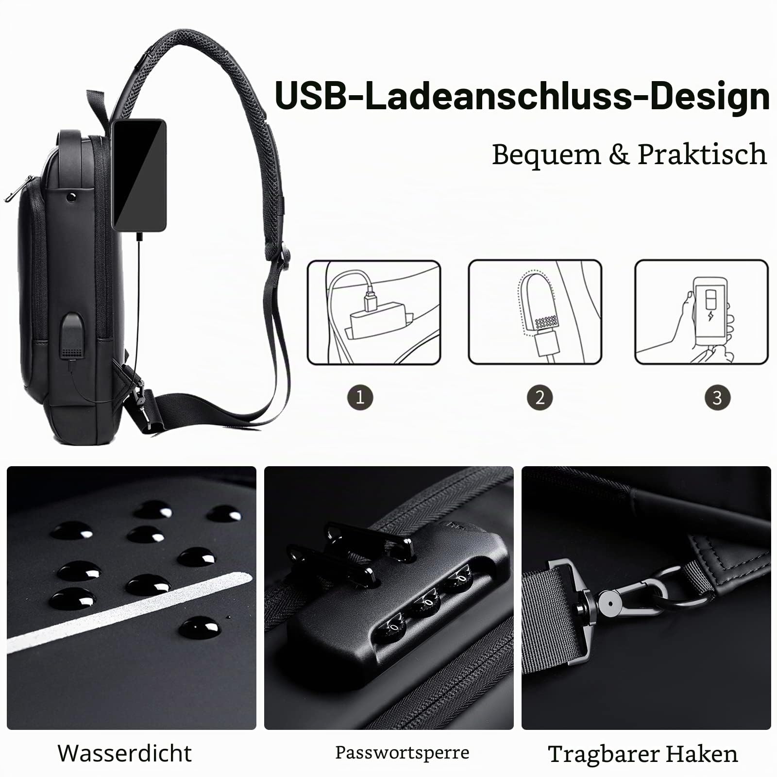 FANDARE 2026 Neue Brusttasche Sling Bag Geschäft Schultertasche mit USB Passwortschutz Crossbody Bag Umhängetasche Wasserdicht für Reisen Wandern mehrere Taschen Sling Daypacks Schwarz Braun