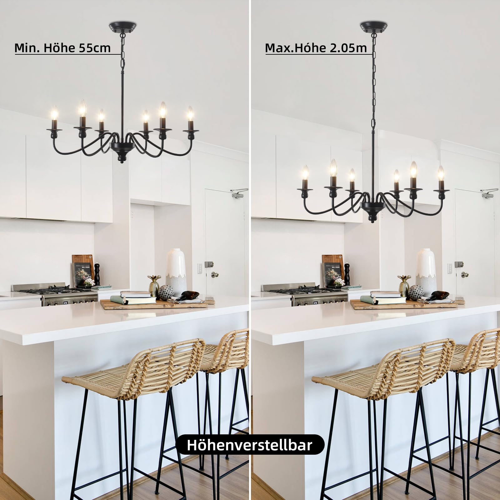 6 Flammig Kronleuchter Vintage Schwarz 72 cm 60W Höhenverstellbar Dimmbar | Kerze Pendelleuchte Esszimmer E14 Fassung,Modern Kronleuchter Hängelampe Wohnzimmer Hängend Lampe für Schlafzimmer Küche Flur
