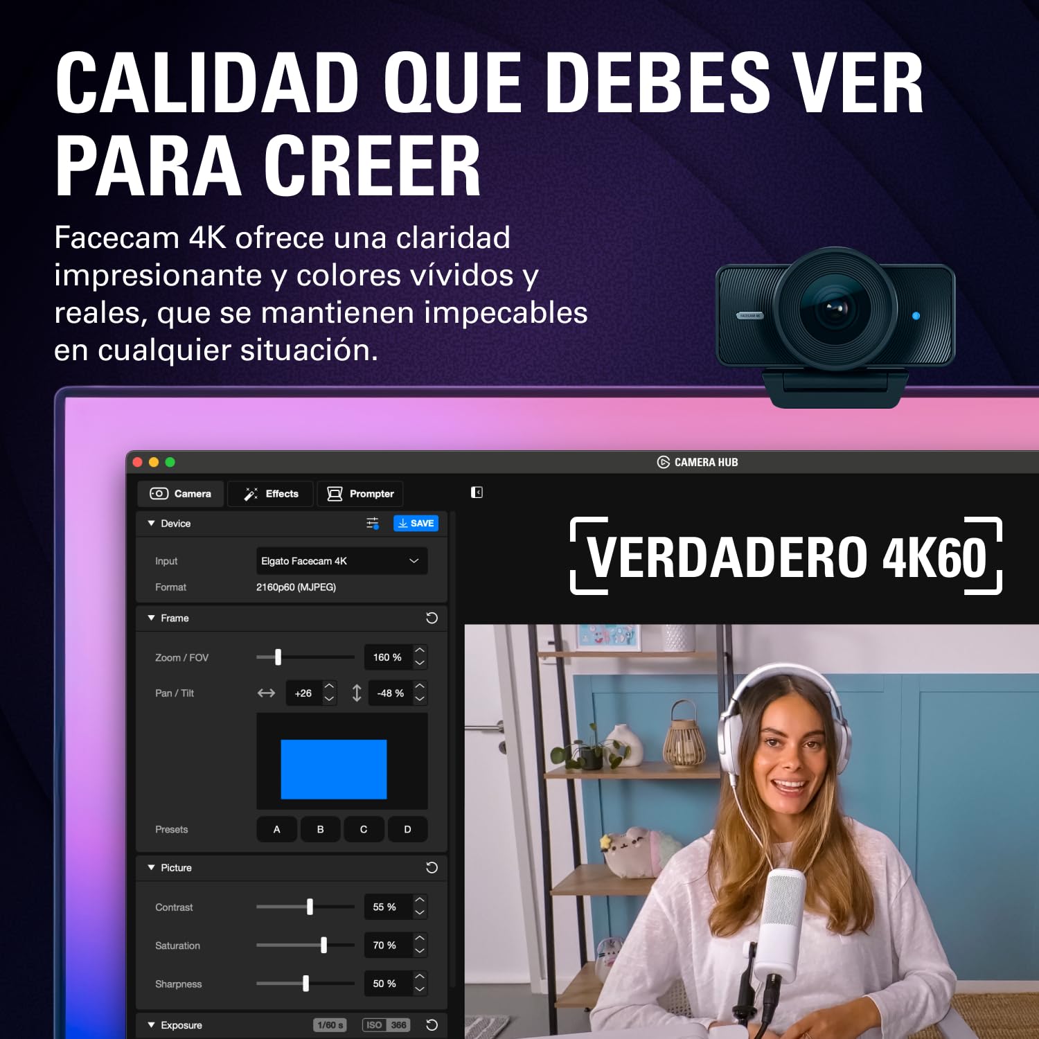 Elgato Facecam 4K - Cámara Web de Estudio 4K60, Control Tipo DSLR, Efectos Cinematográficos, Filtros de Objetivo de 49 mm, HDR, Vídeo sin Compresión, Área de Enfoque Optimizada | USB-C para PC y Mac