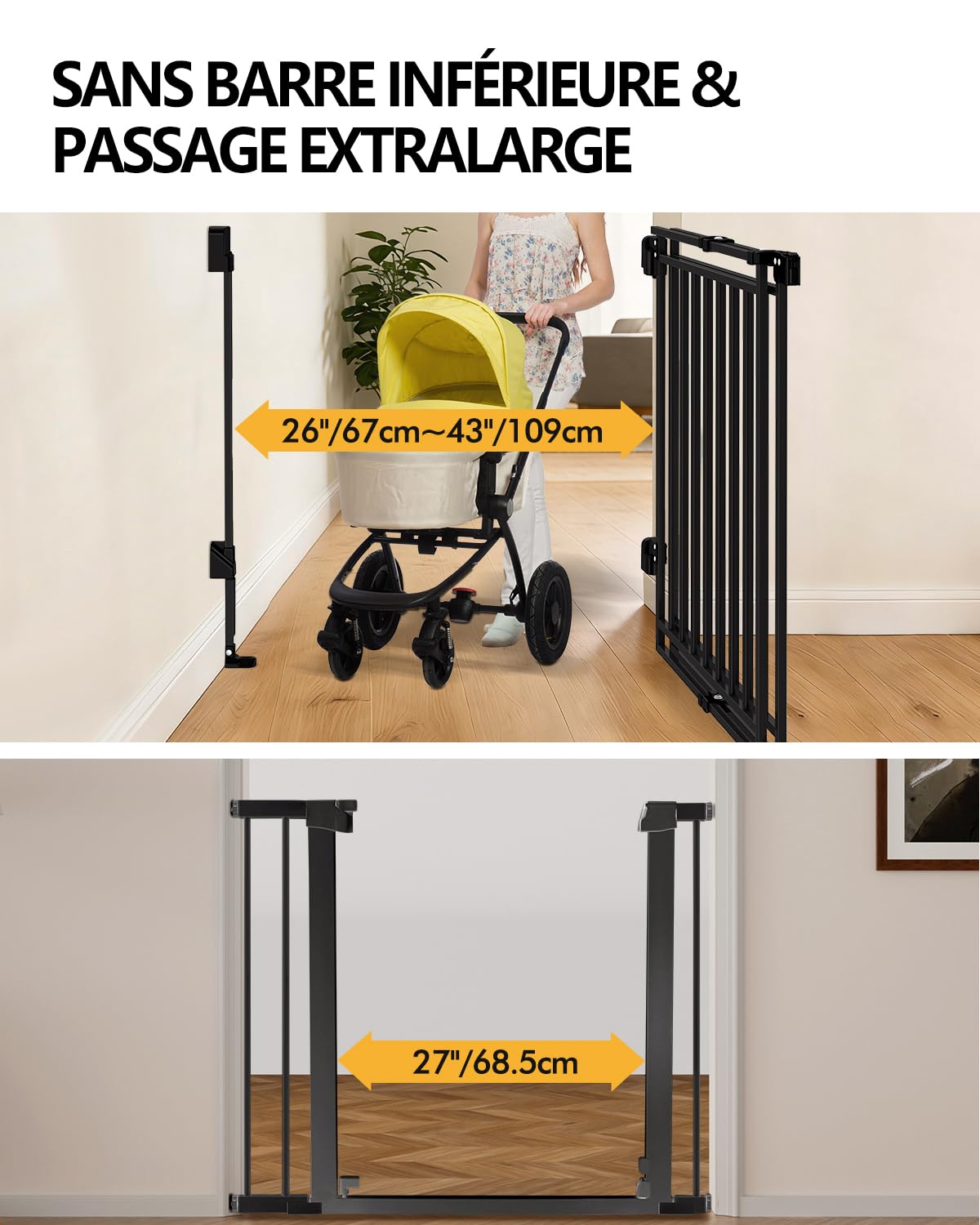 Barrera de seguridad infantil para escaleras, puertas y cocina, 26,4-43 pulgadas de ancho x 74 cm de alto, sin suelo, cierre automático con una sola mano, atornillado para perros y niños pequeños