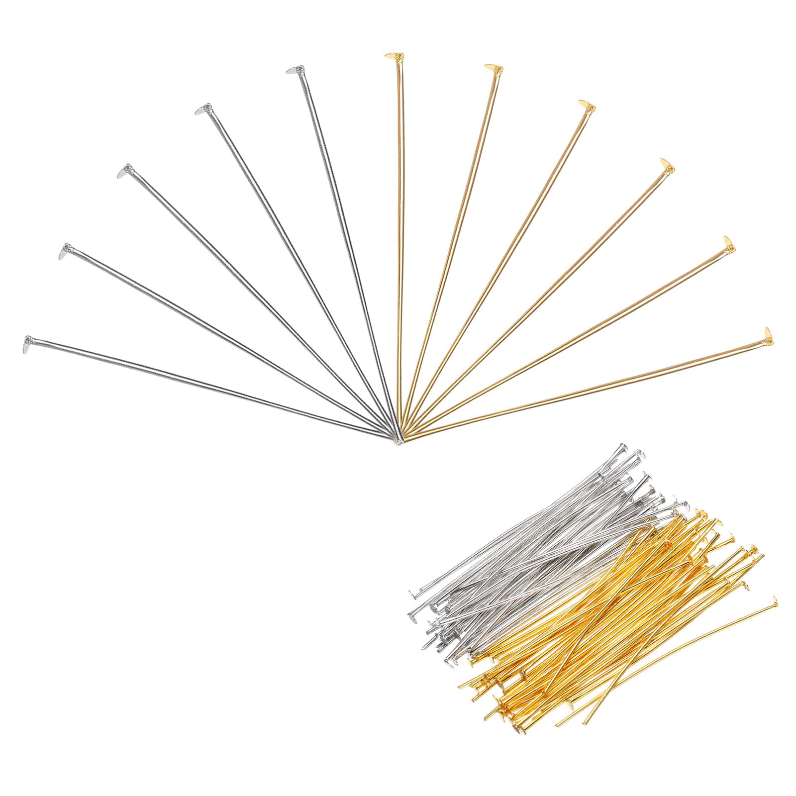 MECCANIXITY 200Pcs Gold White Iron Flat Head Pins 50mm 21 Gauge/0.7mm Eye Pins for Jewelry Making Findings DIY Craft Necklaces Bracelets Earrings Head Pins