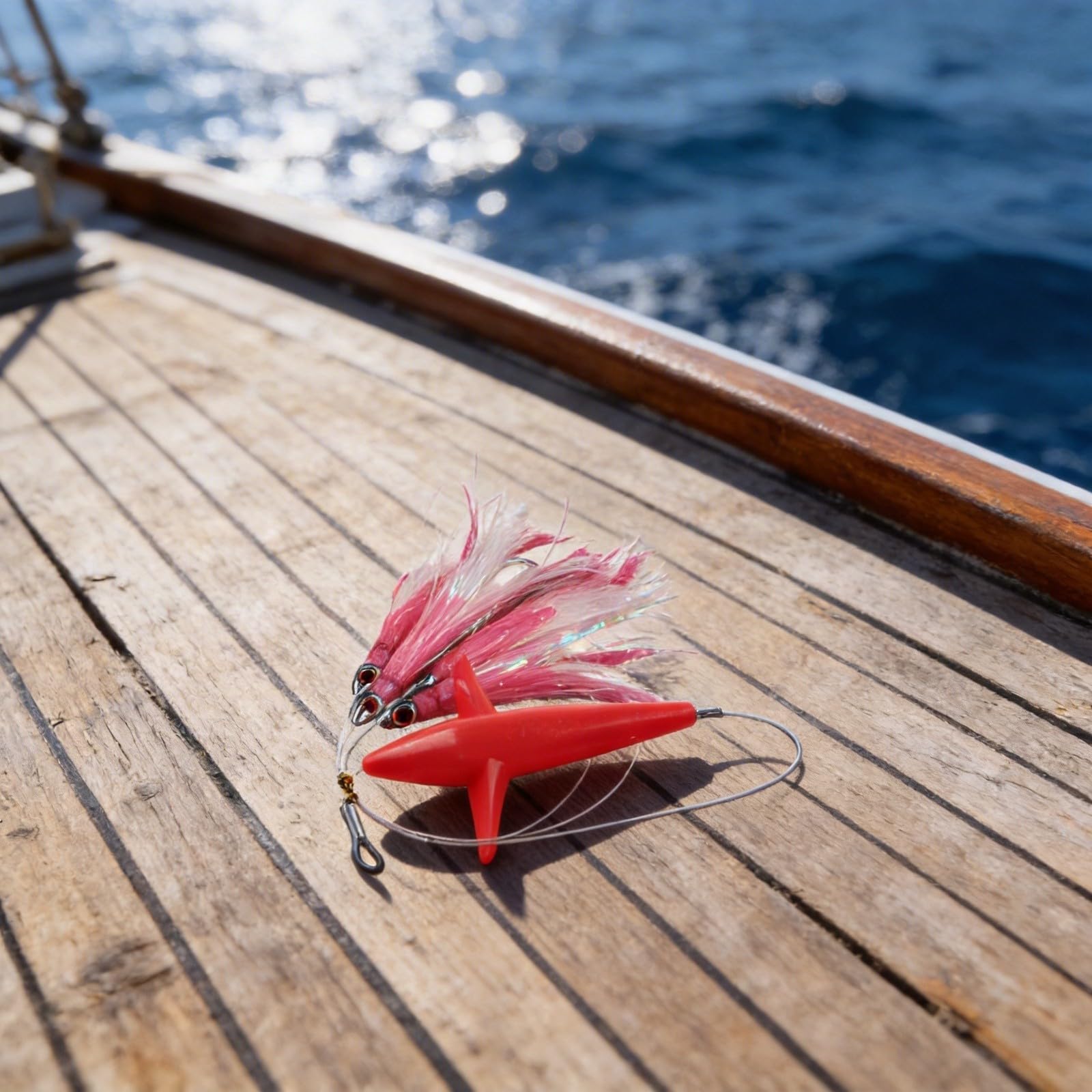Señuelo de atún con falda de arrastre de plumas con gancho de acero para uso en barco de pesca de caza grande, cebo falso con cuerpo de gancho aplanado para mayor resistencia