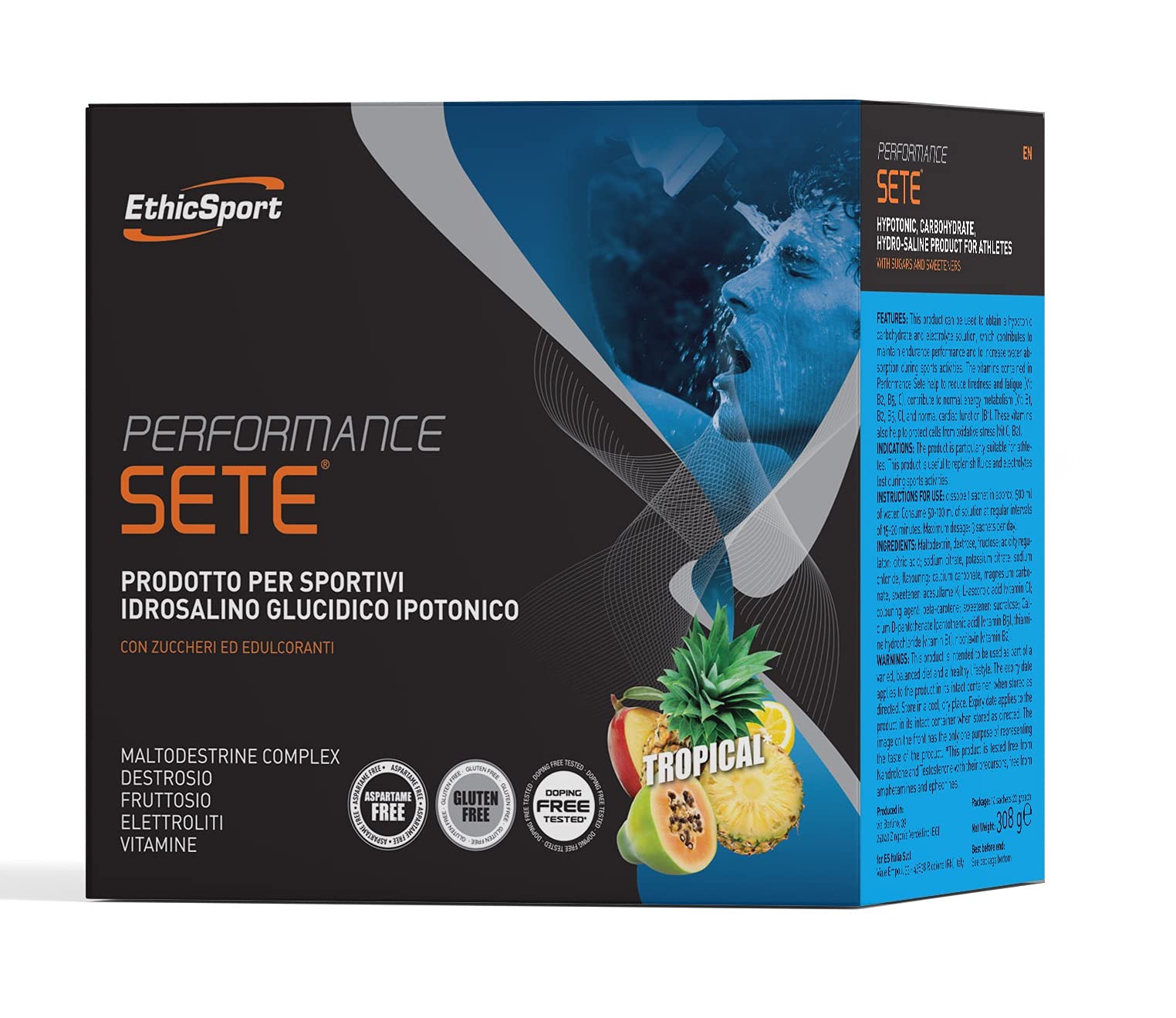 EthicSport Performance Sete – integratore ipotonico con carboidrati ed elettroliti – Idratazione ed energia ad alta efficienza per ogni sport – Doping free tested* – 14 dosi - Gusto Tropical