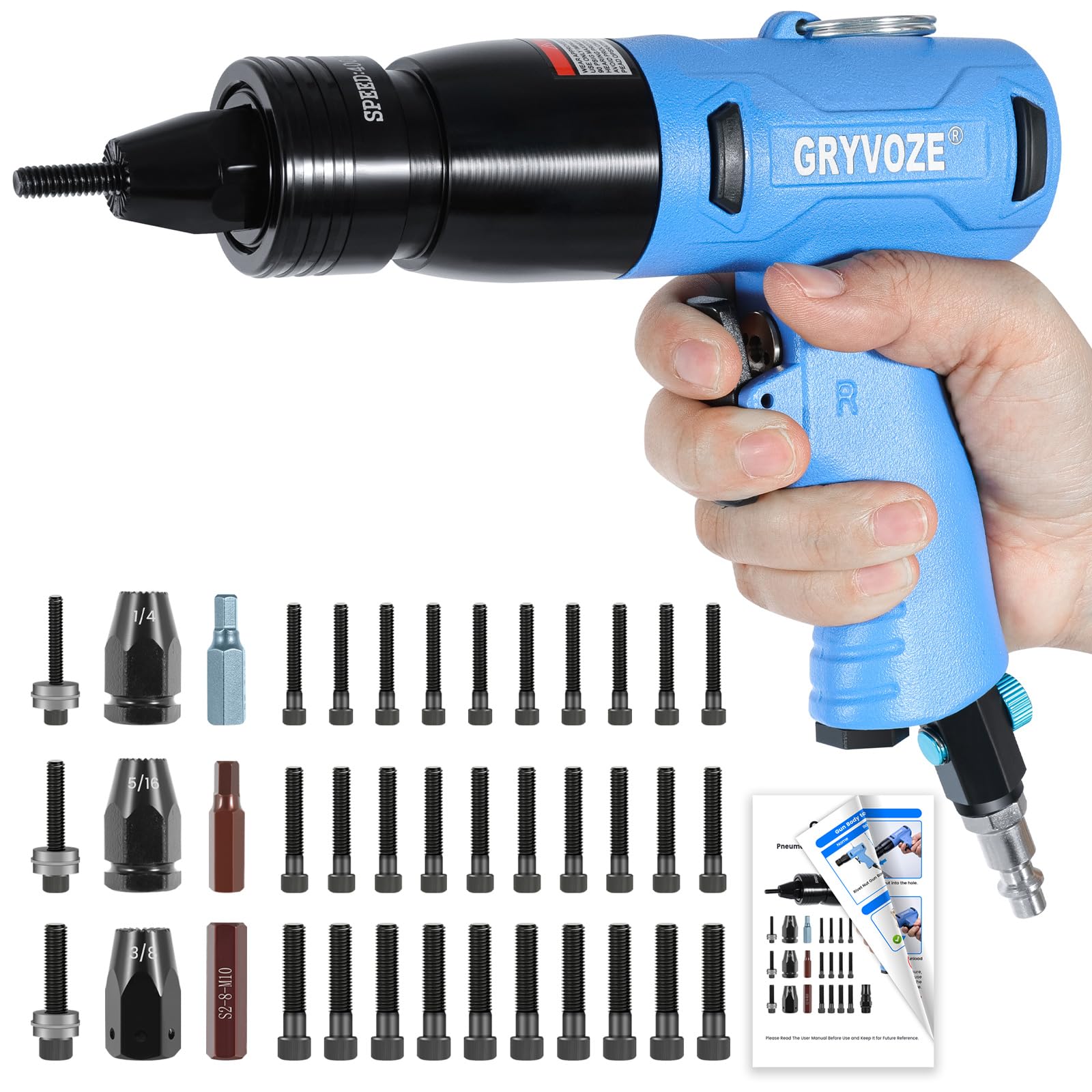 GRYVOZE Pneumatic Rivet Nut Gun Kit with 11PCS 1/4 & 5/16 & 3/8
