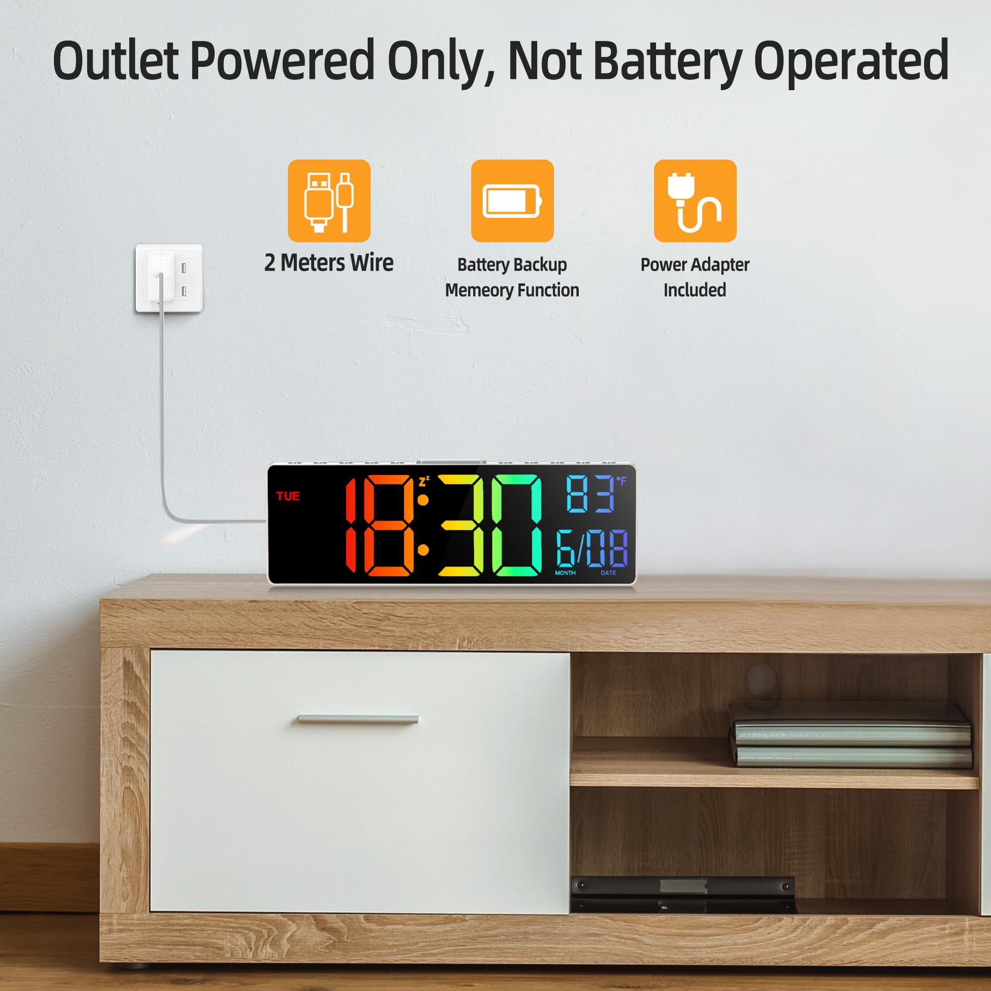 HAITANG Reloj Digital Pared - Reloj Digital Sobremesa de 10,5" con Indicador de Temperatura, Fecha y Día, Regulador Automático de Brillo RGB, Luces Nocturnas, LED 24/12H para Escritorio, Dormitorio
