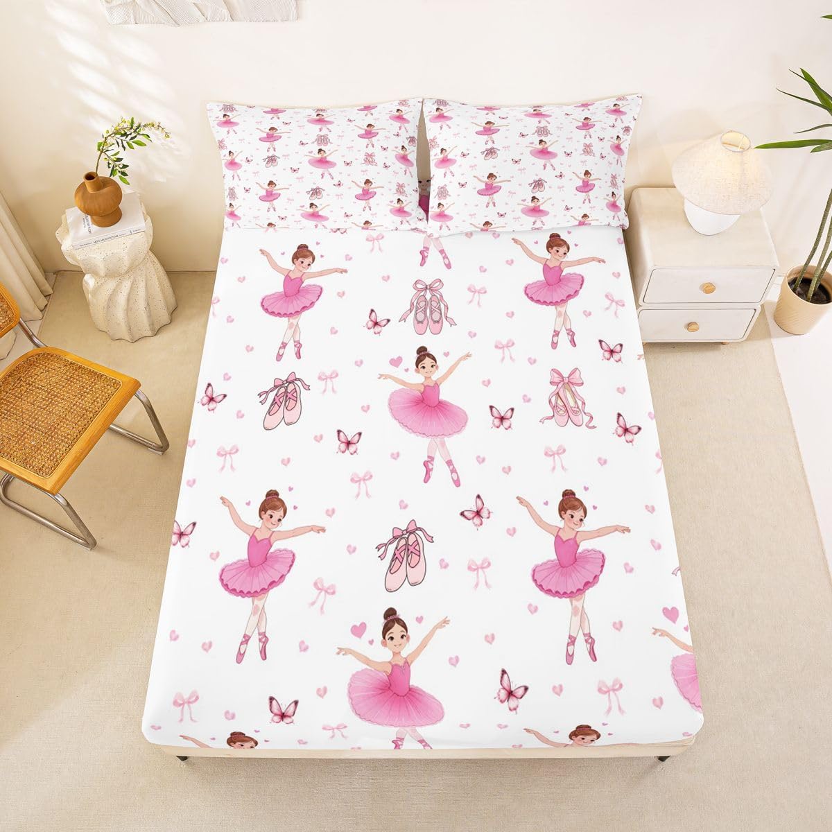 jejeloiu Ballet Dancer Bed Sheets Set Full Size Ballerina Shoes Bed Set for Kids Boys Girls Butterfly Bowknot Deep Pocket Fitted Sheet Dreamy Princess Breathable Soft Lightweight Microfiber