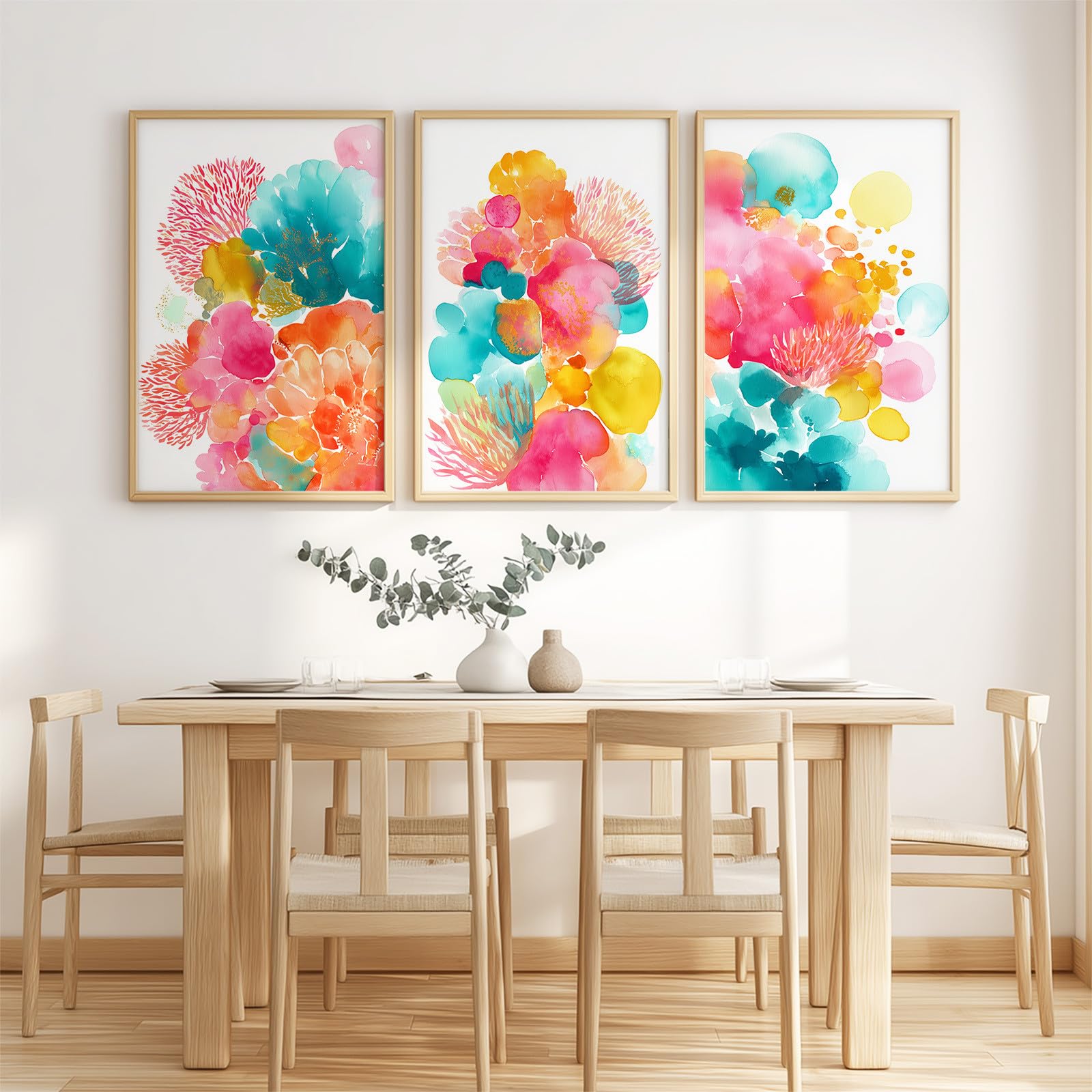 Générique Zestaw 3 plakatów do dekoracji ścian, akwarela ocean, kolorowy świecący koralowy wzór botaniczny, obrazy do sypialni, salonu, jadalni (40 x 50 cm)