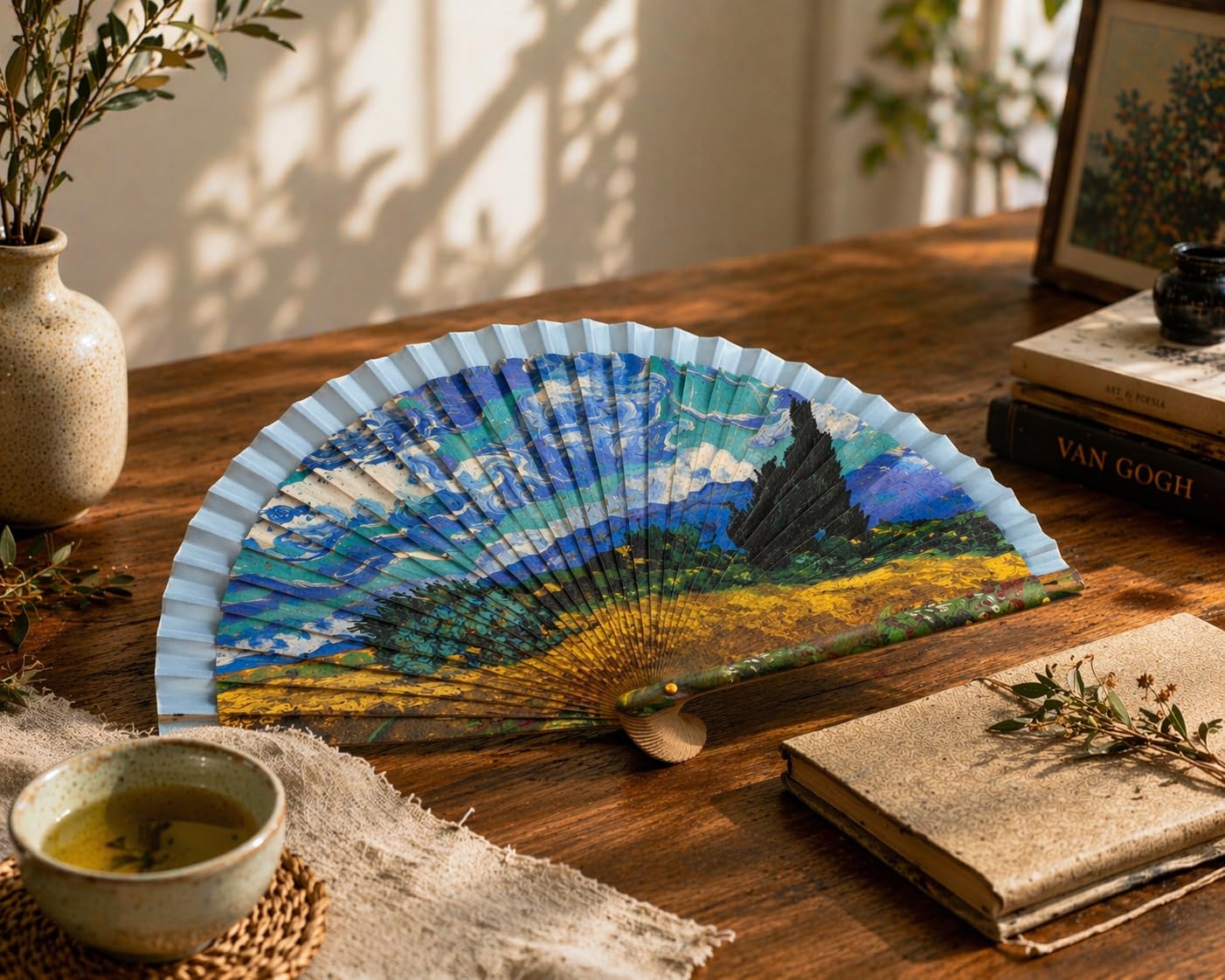 Genérico Ventaglio pieghevole con design artistico, ispirato ai dipinti classici, in legno naturale e tessuto, leggero, elegante e portatile (23 cm chiuso / 40 cm aperto) (turchese-verde)