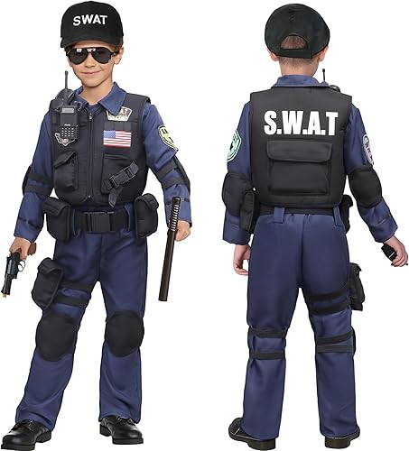 Miniatura 3 de Latocos Disfraz de oficial de policía SWAT de 15 piezas para niños con chaleco, accesorios de policía, juego de rol para Halloween y cosplay