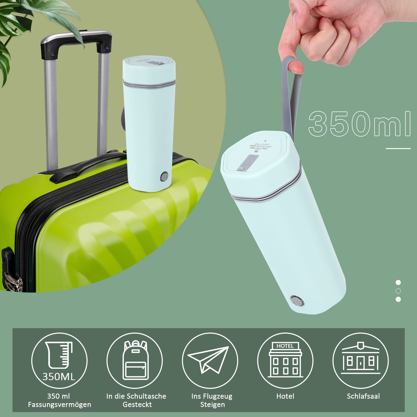 Garvee Hervidor eléctrico portátil para café y té - Acero inoxidable 304 - Calentamiento rápido y seguro - Ideal para viajes y oficina - Diseño compacto - Capacidad 400ml - Apagado automático - Green