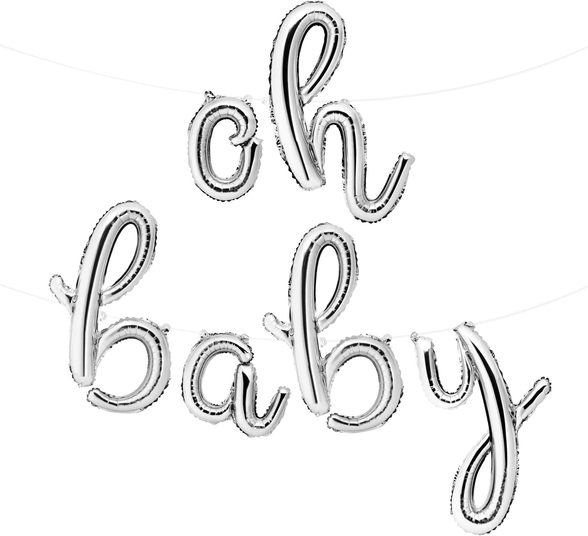 Envizins 16" Silver OH Baby Foil Balloons, for Baby Shower Decorations, Gender Reveal, Straw and 32' Roll Ribbon Included (cursive)
