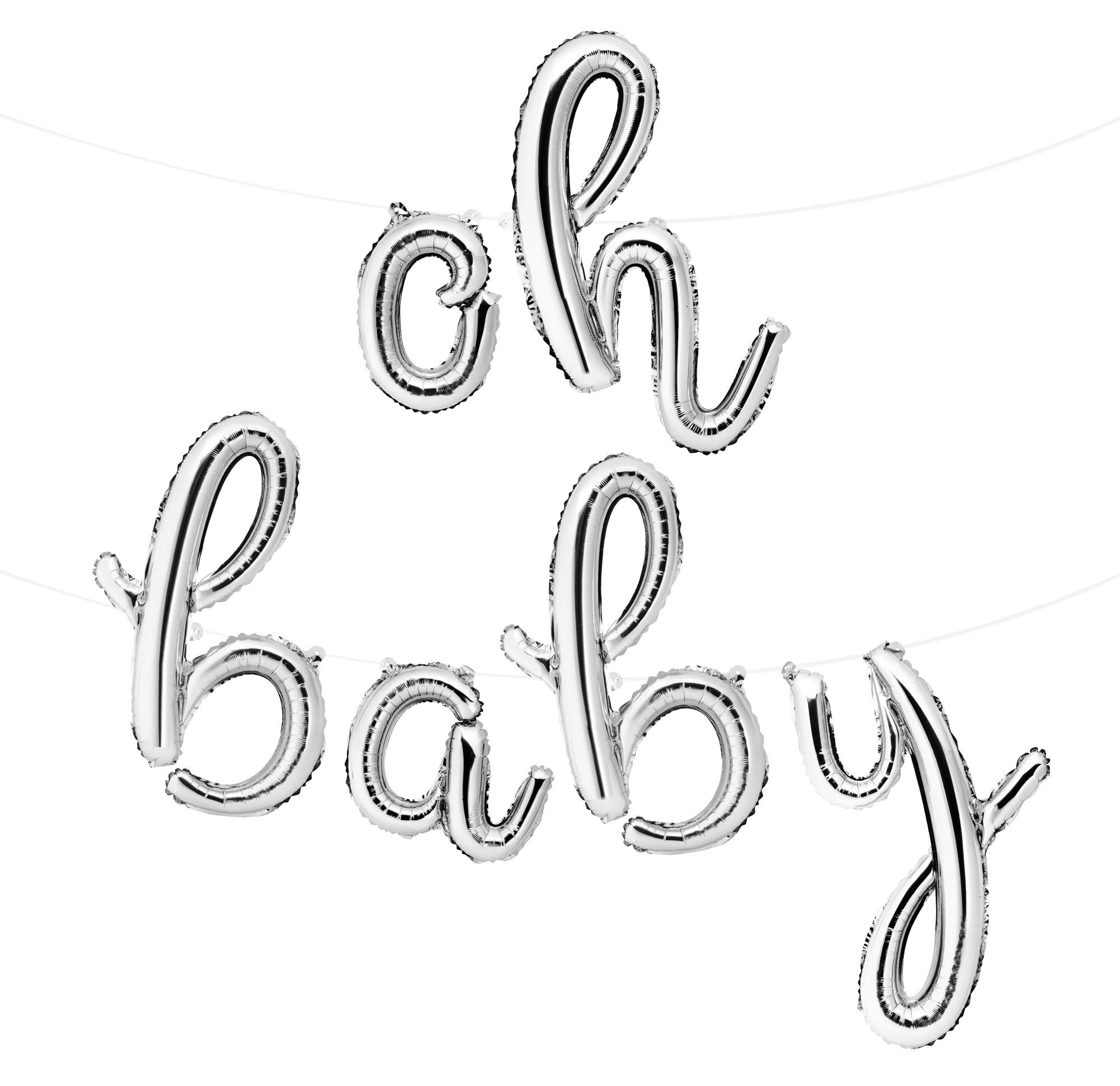 Envizins 16" Silver OH Baby Foil Balloons, for Baby Shower Decorations, Gender Reveal, Straw and 32' Roll Ribbon Included (cursive)