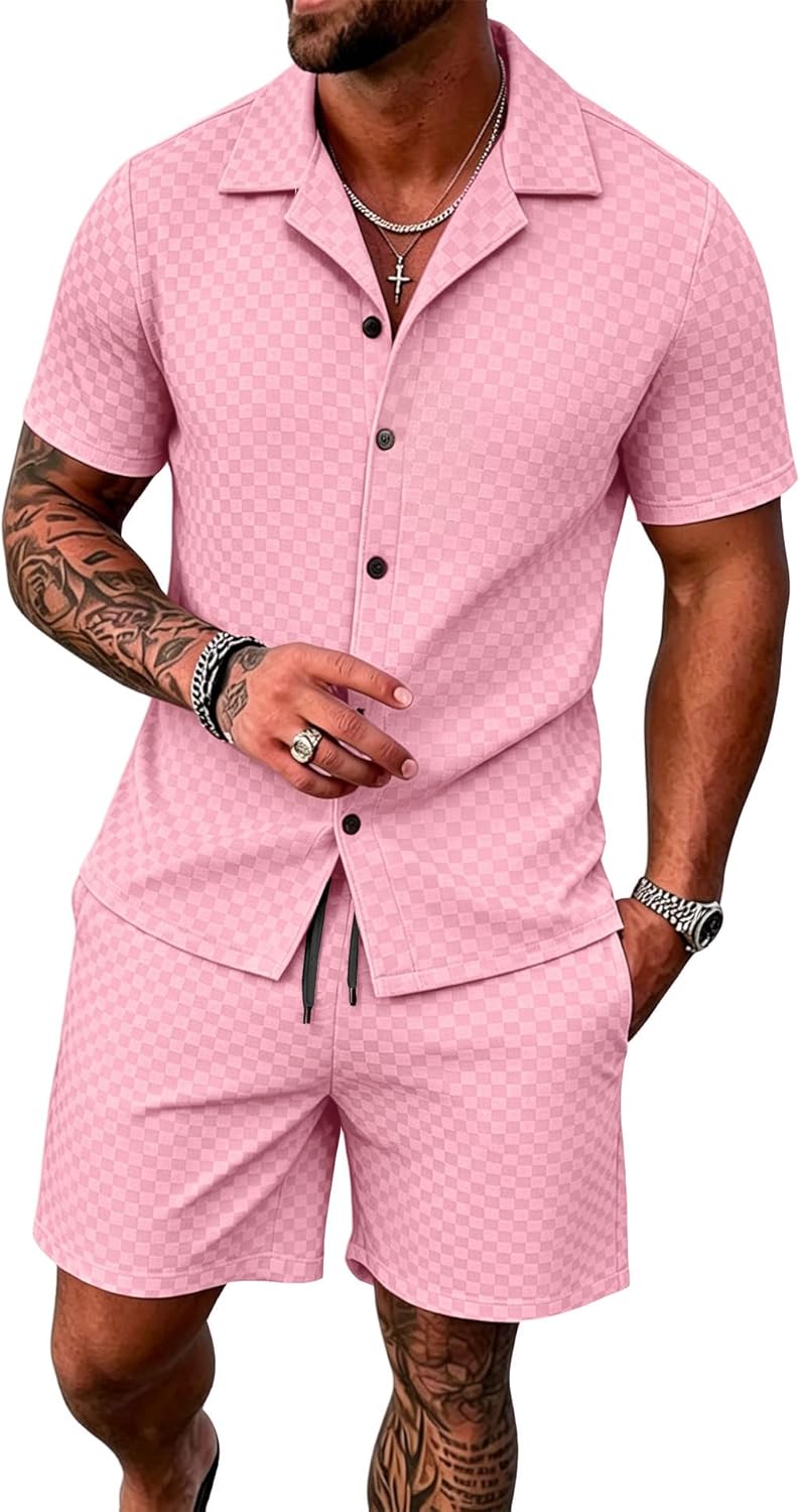 UOUA Mens Velour Tracksuit 2 Piece Outfits Short Sleeve Button Down Shirt and Shorts Sets Casual Sweatsuits
