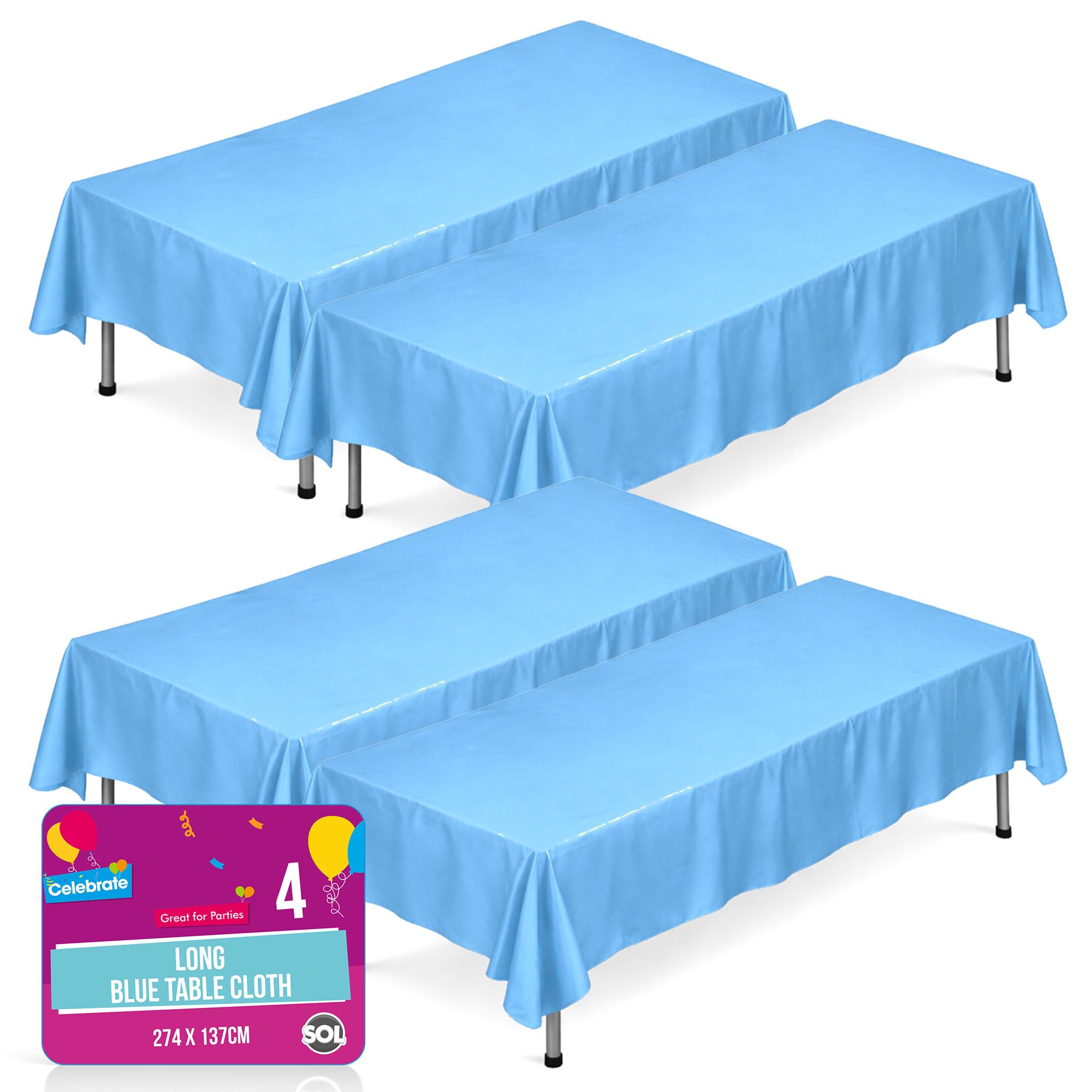 SOL 4pk Long Blue Table Cloth Party 274x137cm Plastic Cover Disposable Tablecloths for Parties - Spill Protection - Great for Weddings, Buffets, Catering, Restaurants, Outdoor Events & Celebrations
