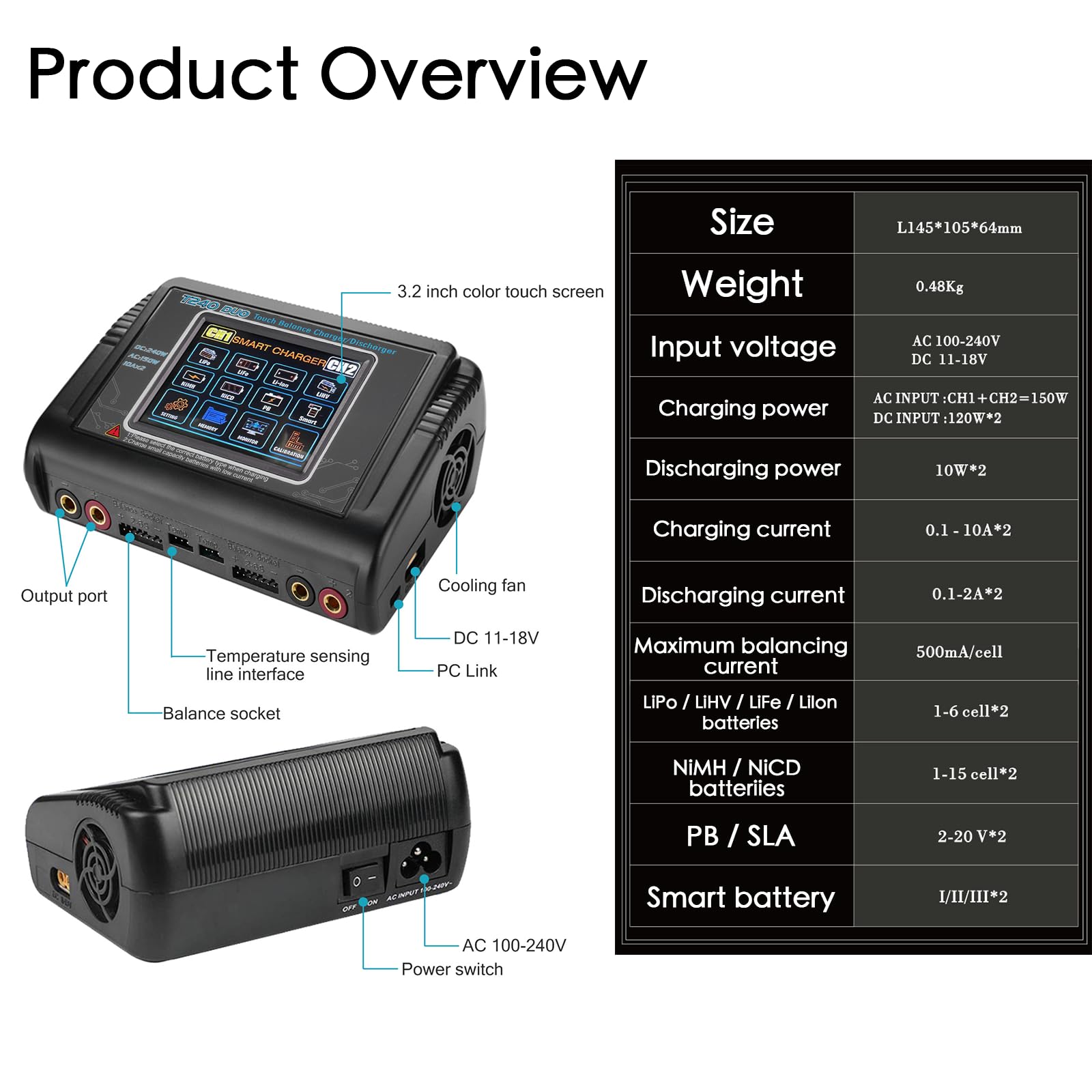 Cargador de batería T240 para LiPo/LiHV/LiFe/NiMH/NiCd, pantalla táctil grande de 3.2 pulgadas y doble puerto disponible, entrada CA/CC y corriente ajustable de 0.1-10 A