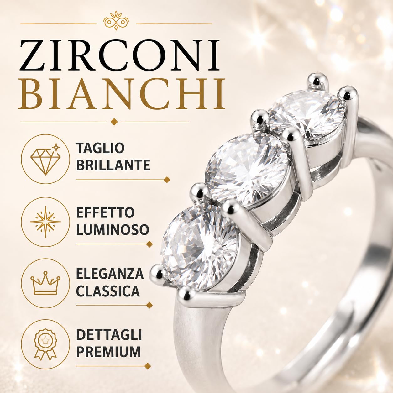 Donipreziosi Anello Trilogy Donna in Argento 925 Rodiato con Zirconi Bianchi Taglio Brillante, Made in Italy – Taglia Regolabile, Nickel Free – Idea Regalo Fidanzata, Moglie, Anniversario