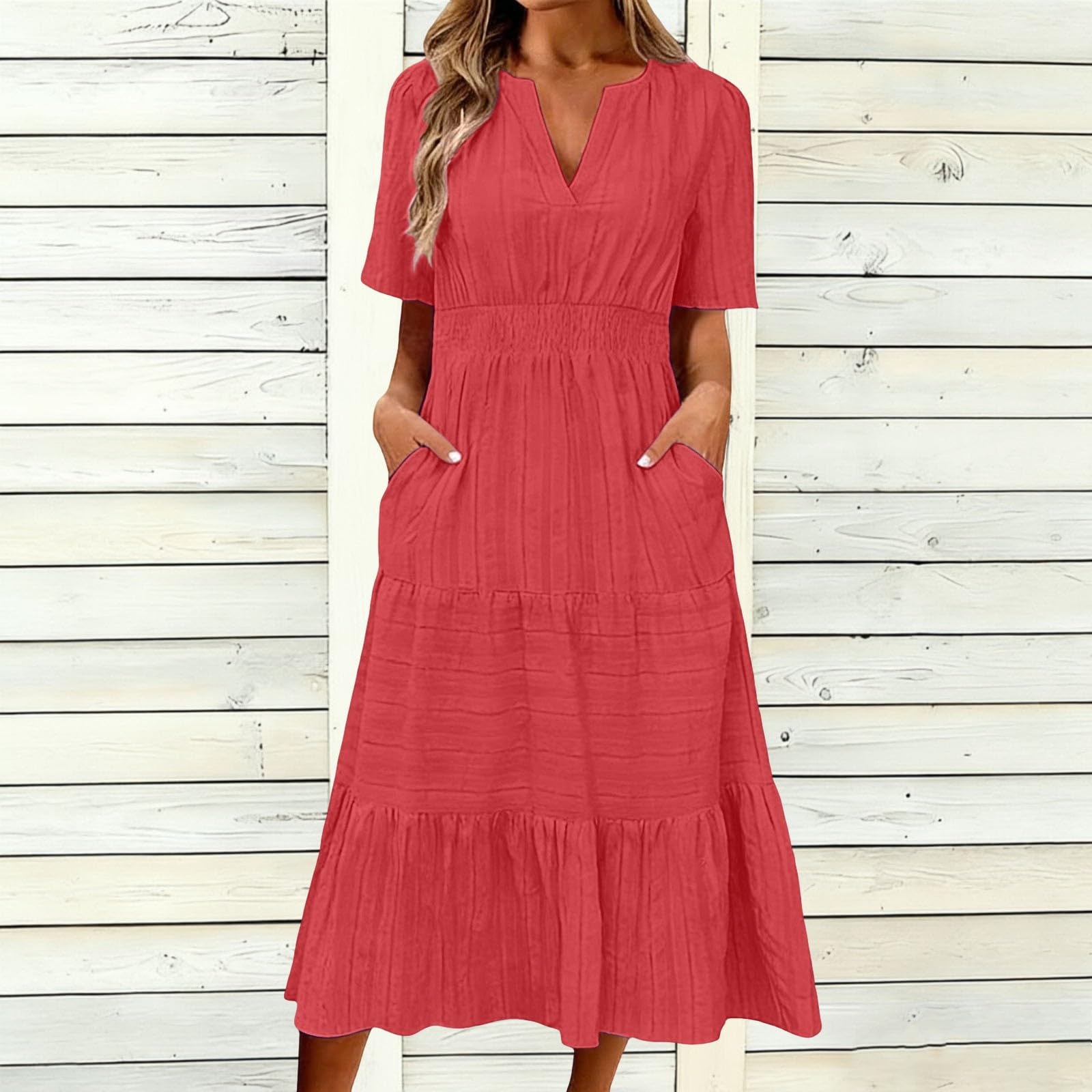 Generisch Elegantes Sommerkleid in großen Größen mit Rüschenausschnitt, Puffärmeln ausgestellten kurzen Ärmeln (RD1, XL)
