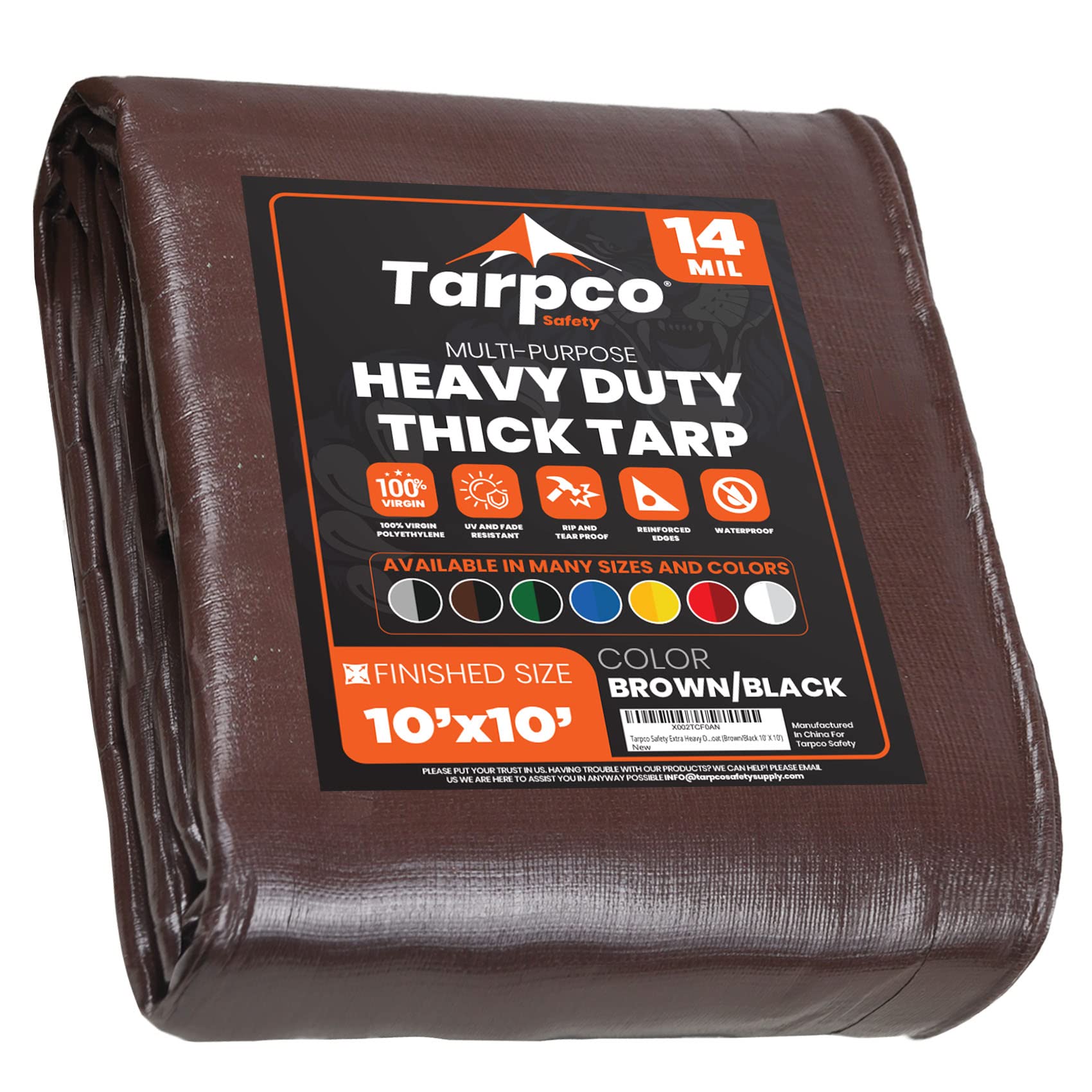 Extra Heavy Duty 14 Mil Tarp Cover, Waterproof, UV Resistant, Rip and Tear Proof, Poly Tarpaulin with Reinforced Edges for Roof, Camping, Patio, Pool, Boat (Brown/Black 10′ X 10′)