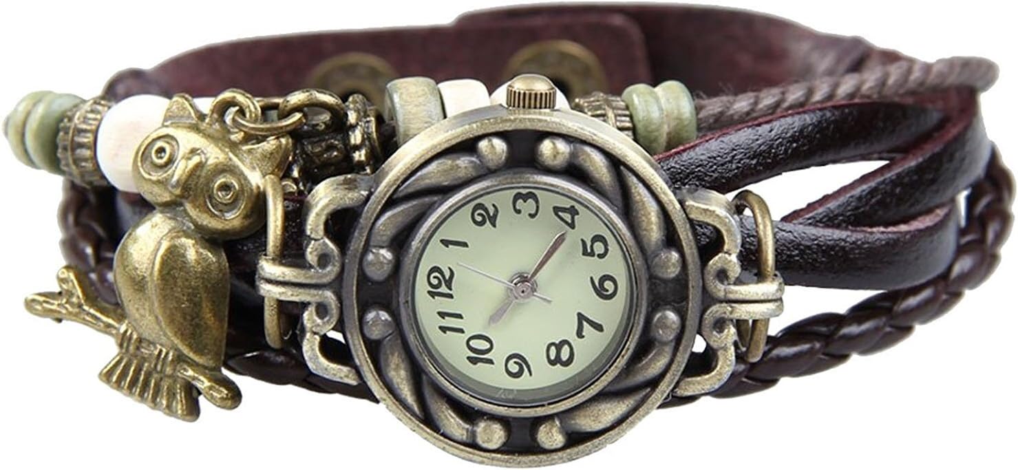 OWL Quartz Fashion Weave Wrap Around Leather Bracelet Women Wrist Watch