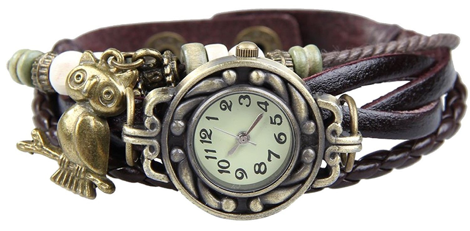 OWL Quartz Fashion Weave Wrap Around Leather Bracelet Women Wrist Watch