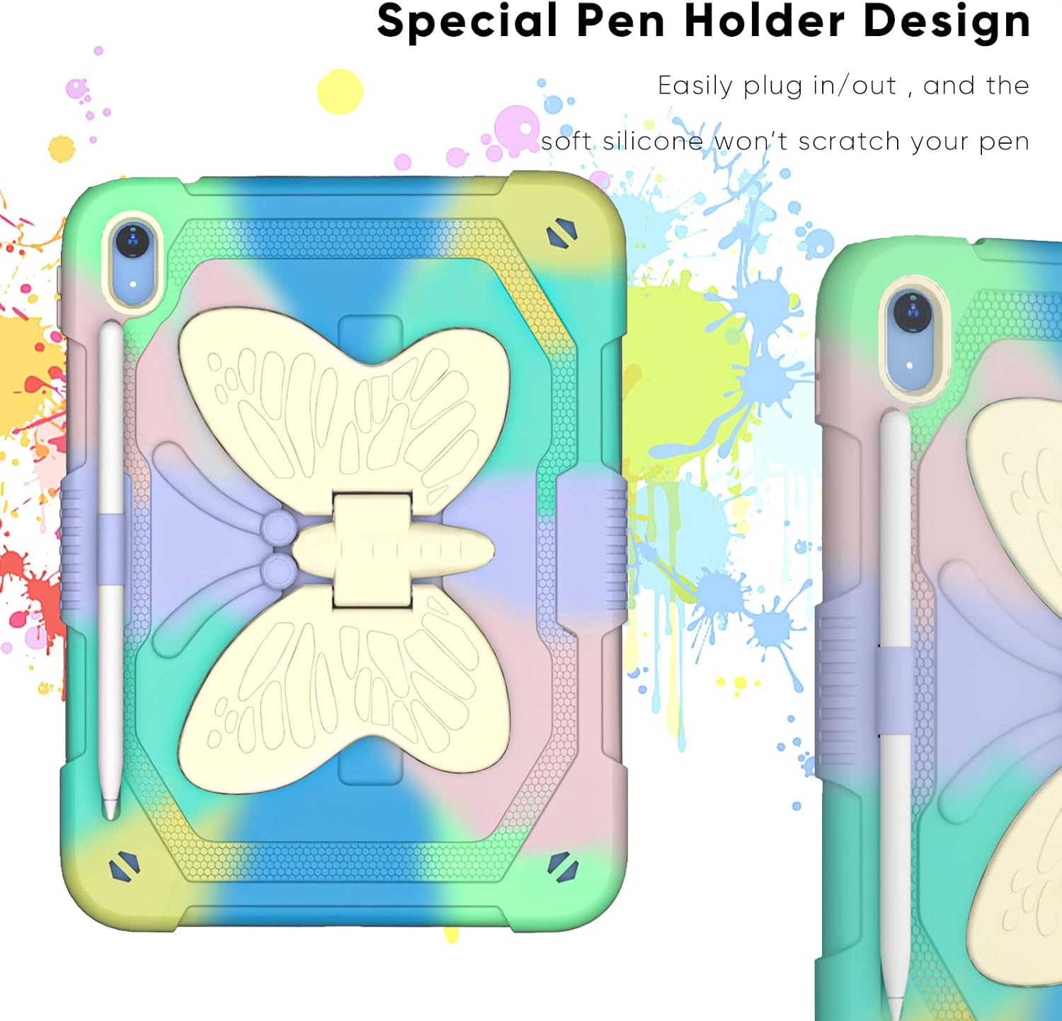 Dteck iPad A16/10th Generation 2025/2022 Case with Kickstand Butterfly Wings Pencil Holder, Heavy Duty Hard Rugged Protective Kids Girls Cover for iPad 10th Gen 10.9 Inch 2022,Colorful/Green