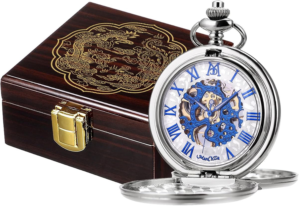 ManChDa Mechanical Roman Numerals Dial Skeleton Pocket Watches with Luxury Wooden Box and Chains for Mens Women
