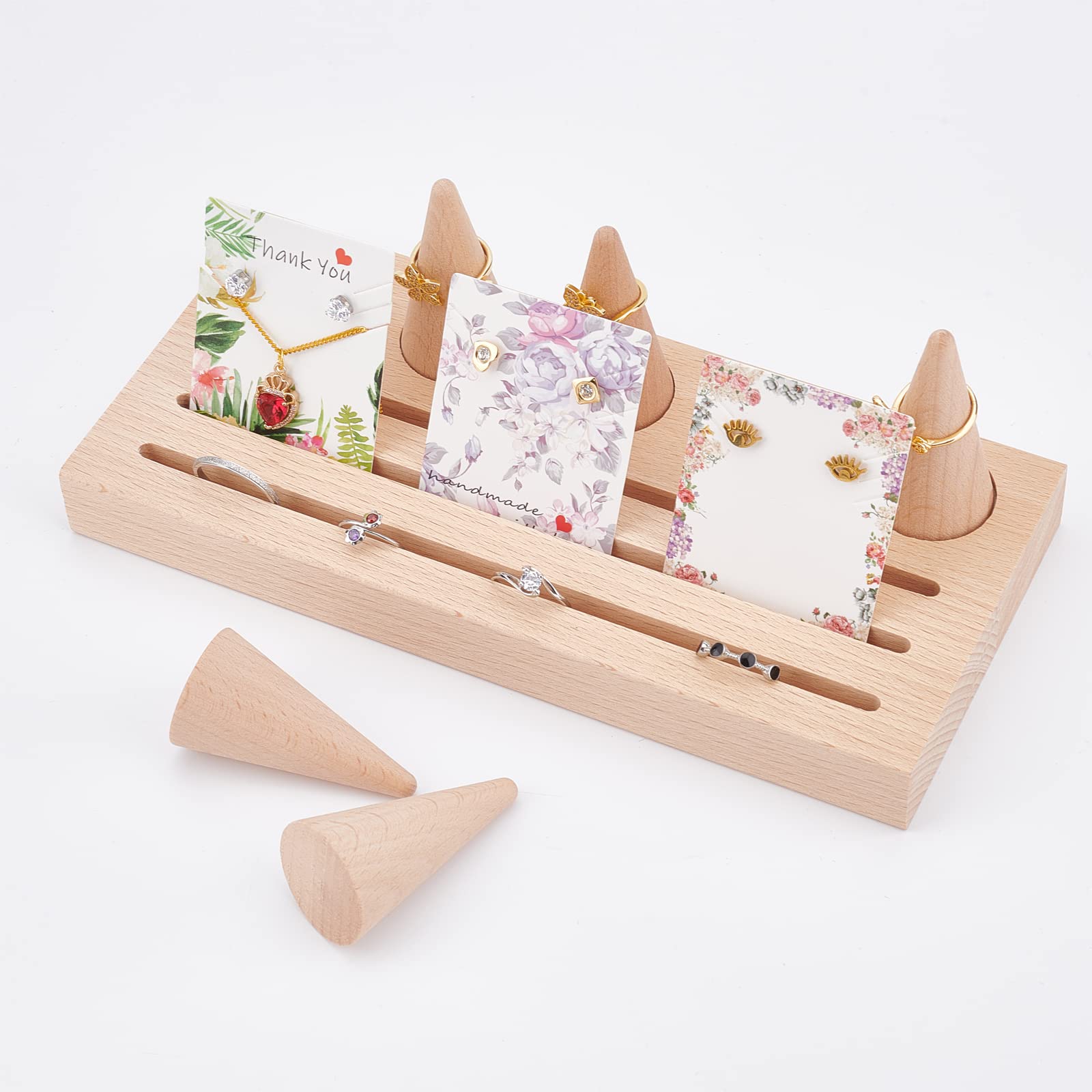 nbeads Support de Bague en Bois avec 5 Cône Anneaux Présentoirs, Plateau d'Affichage en Bois Présentoir de Bijoux en Bois Plateau D'Anneau en Bois avec Rainure pour Exposition de Bijoux D'Anneaux