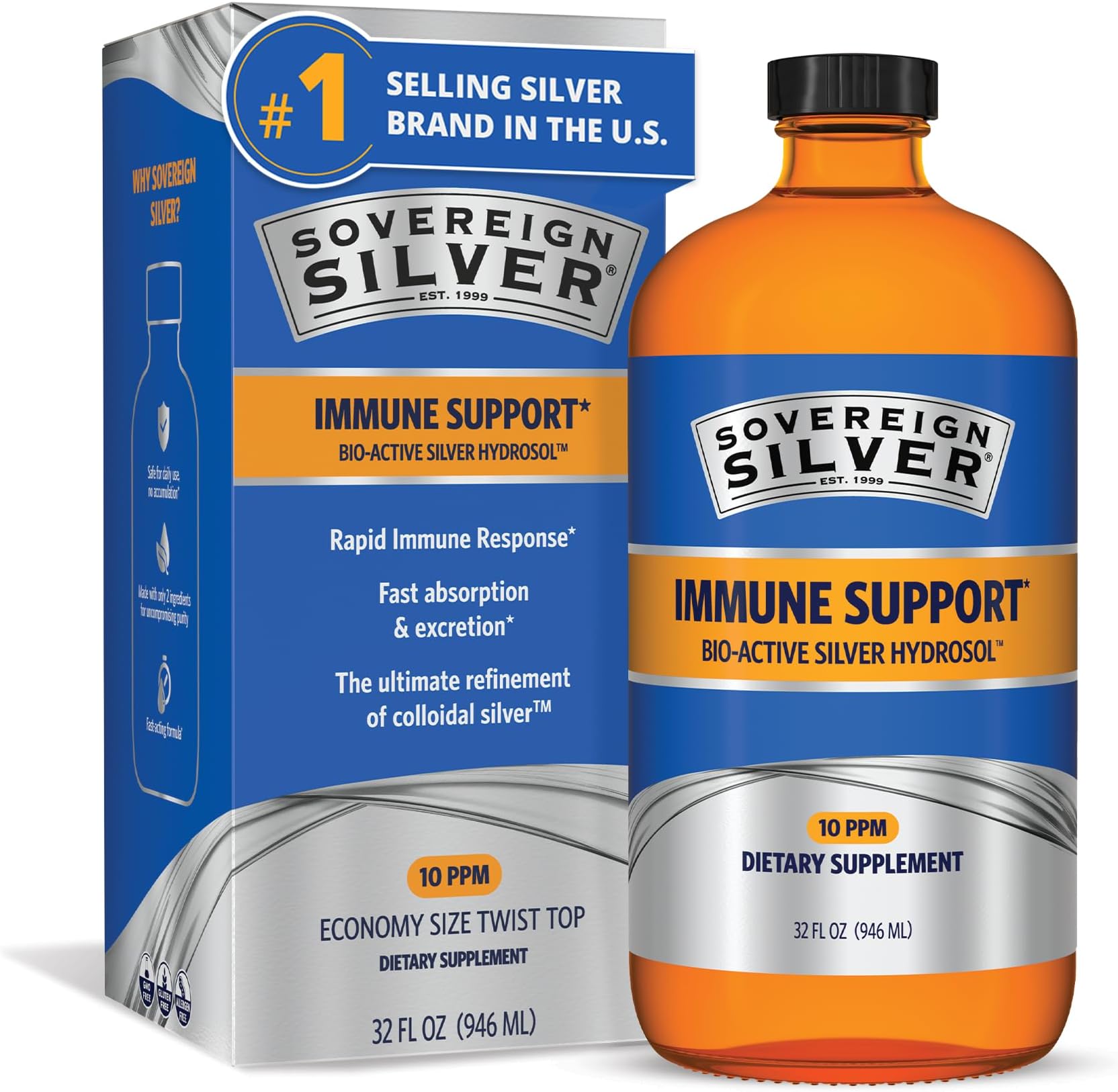 Sovereign Silver Immune Support, Colloidal Silver, 32 fl oz (946 mL)