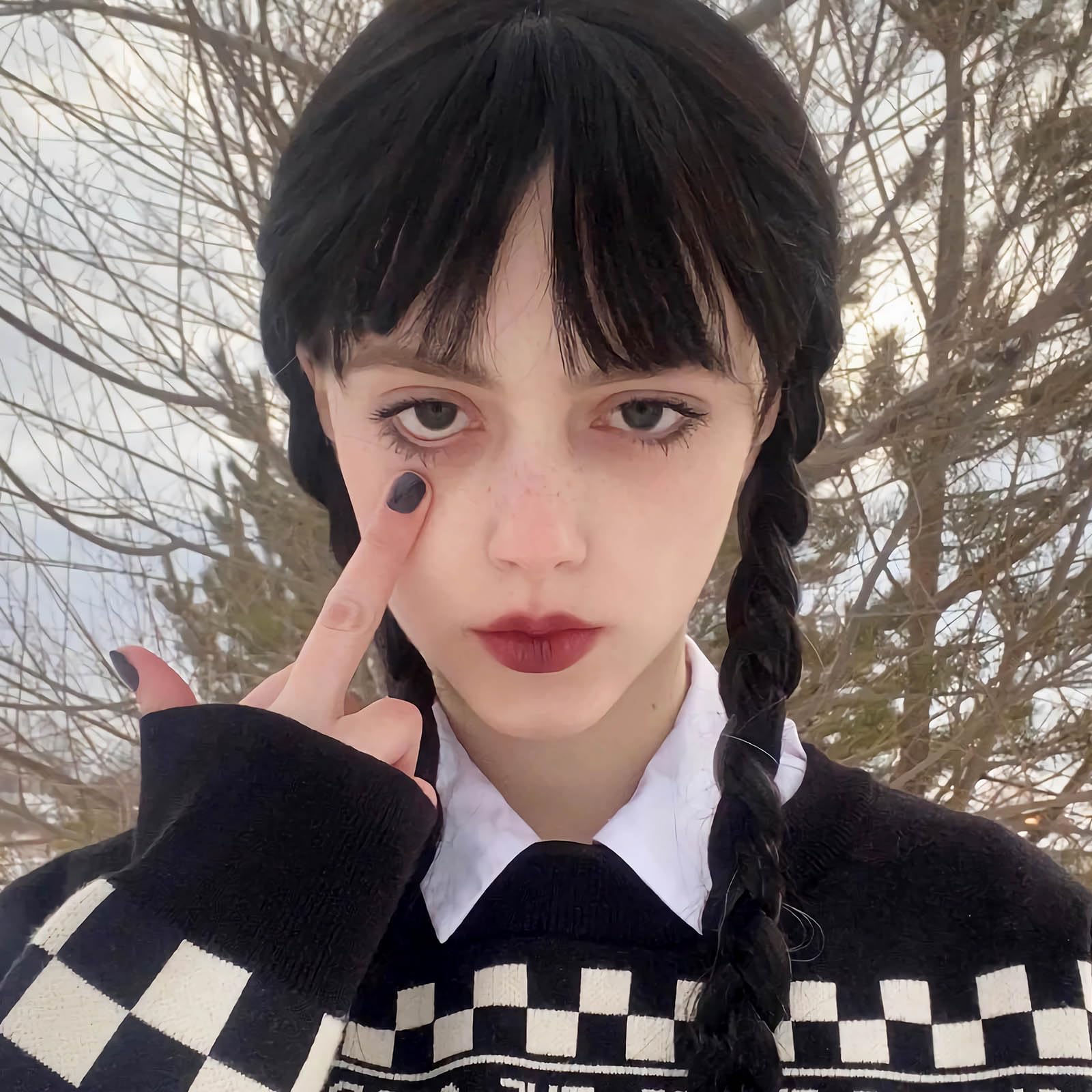 TOPHR Long Black Braids Wig with Bangs, Straight Two Pigtails Wigs for Women Adult Costume Halloween Anime Cosplay Wigs