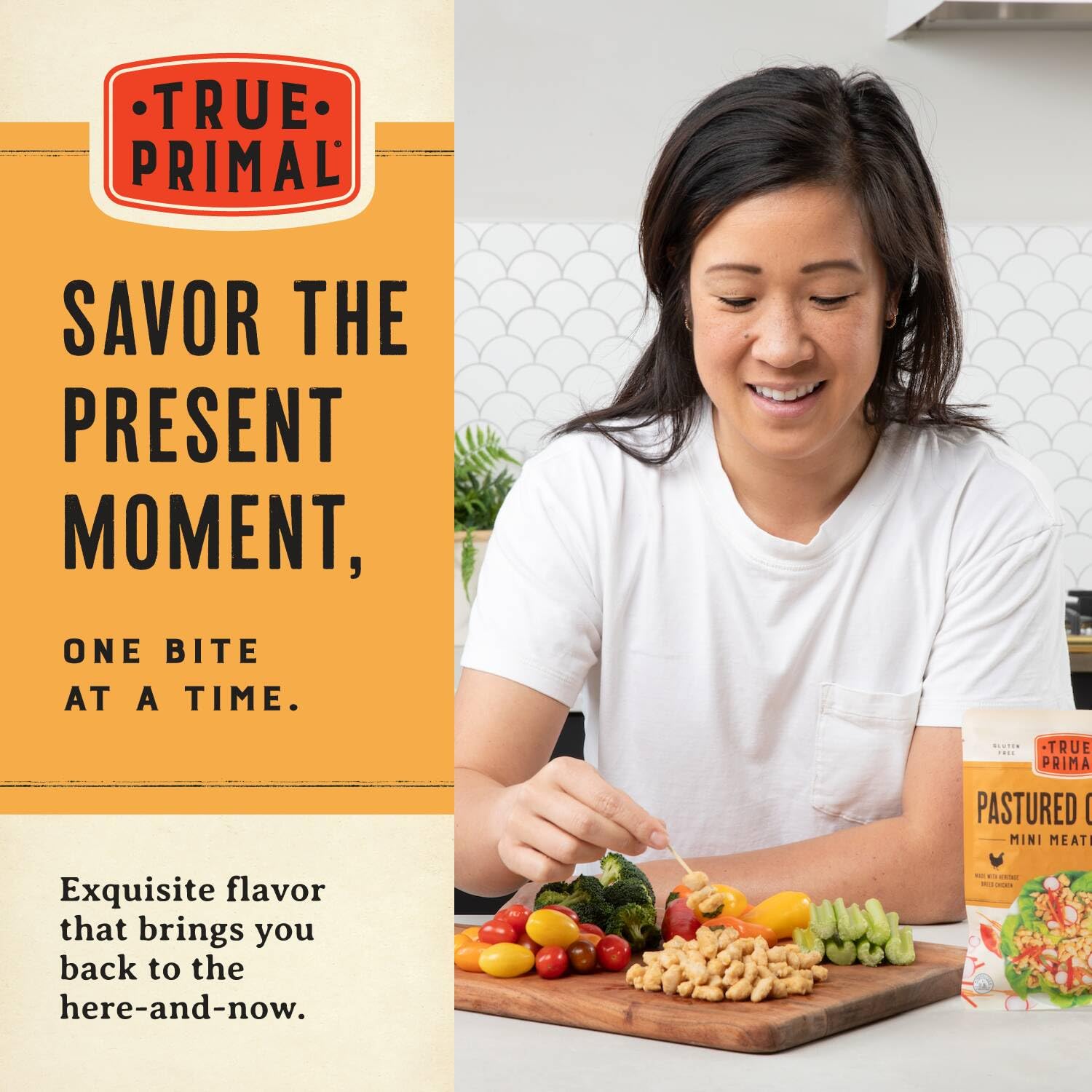 True Primal Pastured Chicken Mini Meatballs 8-pack. Ready to eat. 1/4 lb fully cooked chicken per pouch. Gluten free. Grain free. Paleo. Keto. Carnivore. Whole30. AIP.