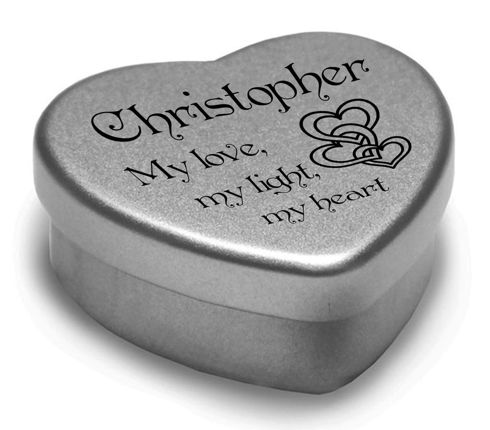 Personalised Valentine’s Day gift for him or her. Silver Heart shaped tin filled with red heart shaped chocolates, or a red tealight style candle. Present for someone special. (My love...)