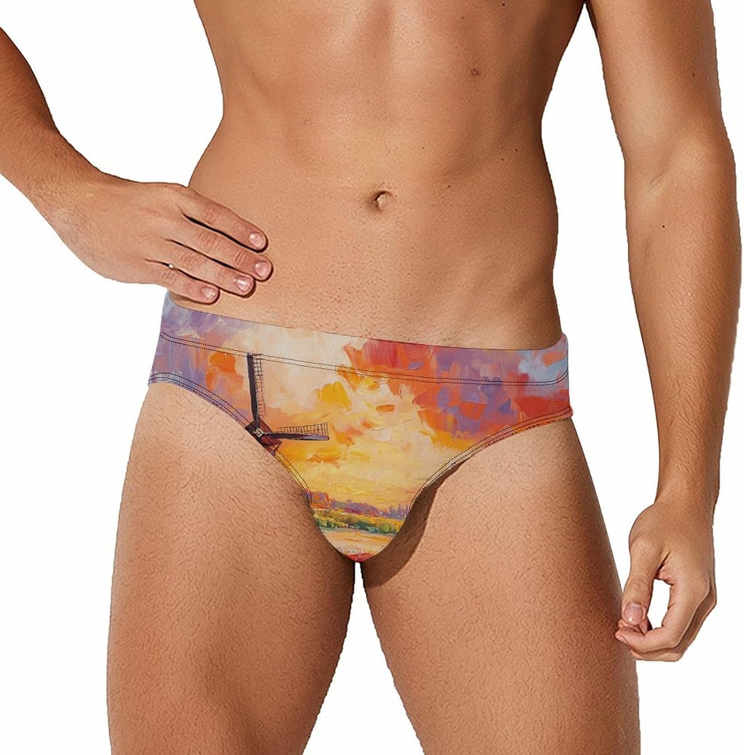 Field of Tulips and Windmill Mens Swim Briefs Print Bikini Swimwear Sport Swimsuit Surf Shorts Trunks