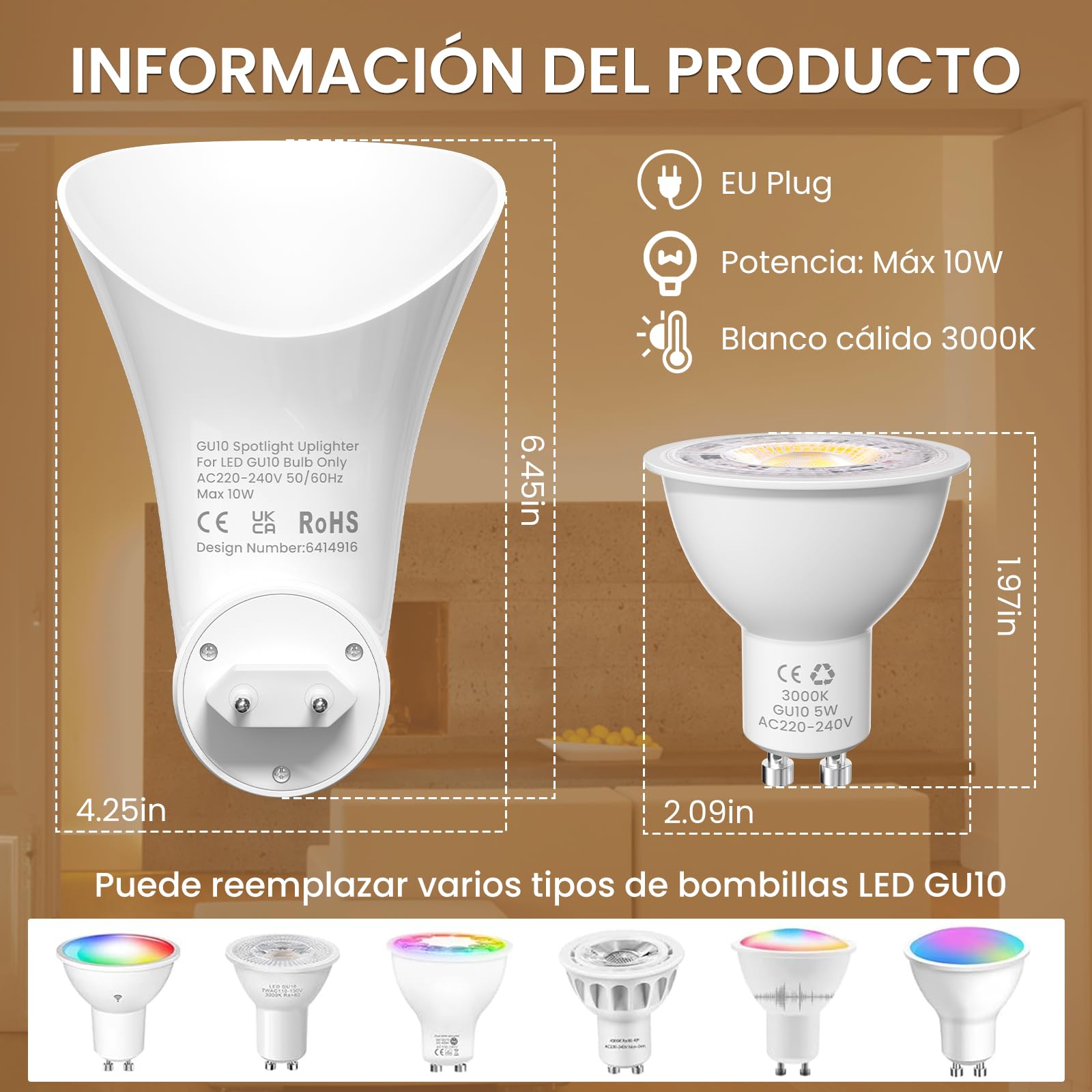 GU10 Plugin Foco Uplighter, GU10 Led Aplique Lampada Pared con EU Enchufe para Dormitorio, Luz Cálida 3000k (LED Bombilla inclusa)