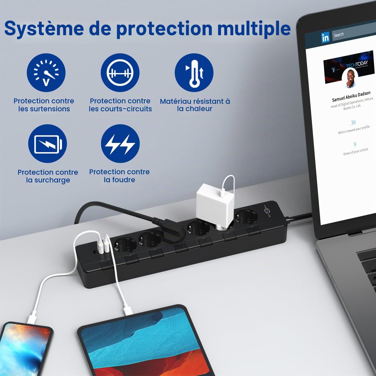 Multiprise Electrique (4000W/16A), KEPLUG Prise Multiple avec Interrupteurs Individuels a 6 Prises et 3 Ports USB (2.4A), Multiprise Parafoudre 500J avec 2M Cordon pour Maison Bureau