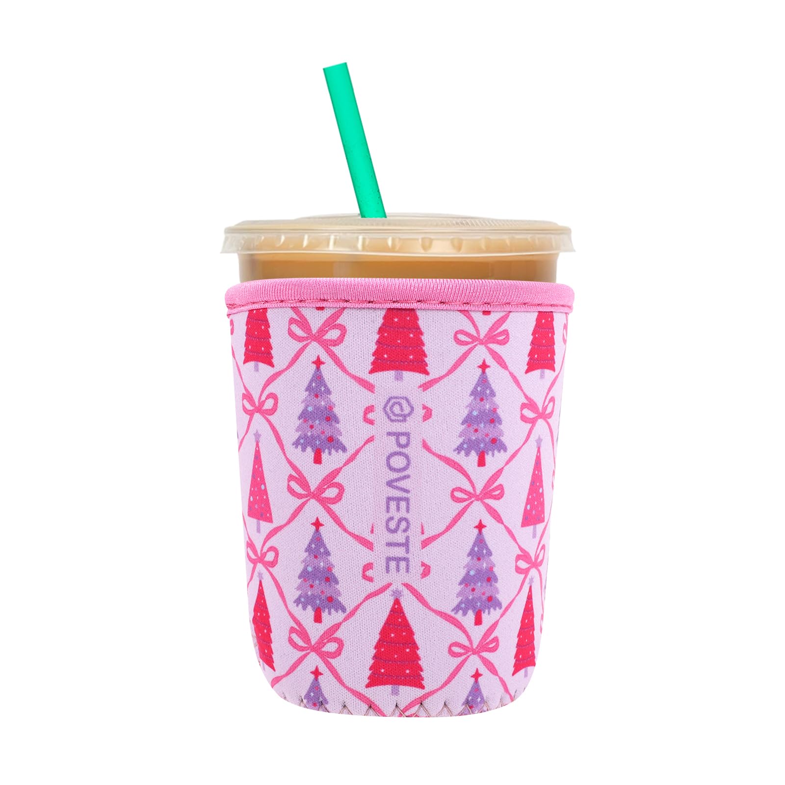 Reusable Neoprene Insulator Sleeve for Iced Coffee &amp; Cold Soda, Coffee Sleeves for Iced &amp; Hot Drinks, Cold Beverage Cooler Compatible with Starbucks, Dunkin (Christmas Tree, Small: 16-18oz)