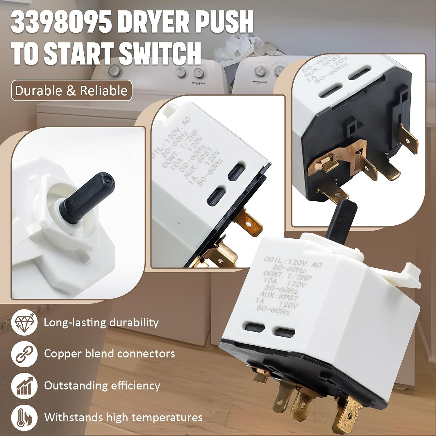 3398095 Dryer Start Switch Replace for WP3398095 AP2947429 PS11741493, Compatible with Whirlpool, Kenmore, Admiral, Crosley, Estate, lnglis, maytag Dryer Push to Start Switch