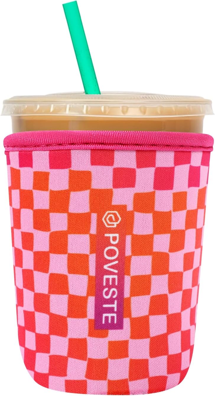 Reusable Neoprene Insulator Sleeve for Iced Coffee & Cold Soda, Coffee Sleeves for Iced & Hot Drinks, Cold Beverage Cooler Compatible with Starbucks, Dunkin (Gradient Cherckerboard, Small: 16-18oz)