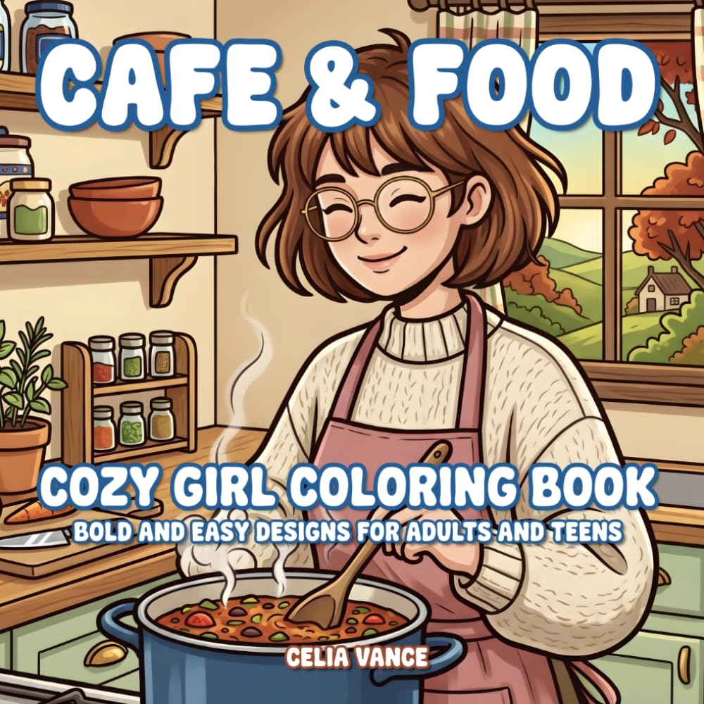 Cafe & Food Cozy Girl Coloring Book: Bold and Easy Designs for Adults (Luna's Cozy World)