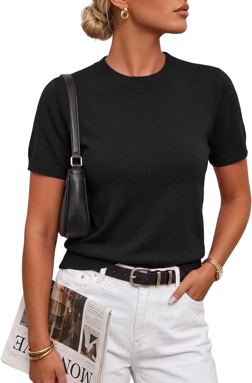  Women's Wool Blend Short Sleeve Sweater Business Casual Tops thumbnail