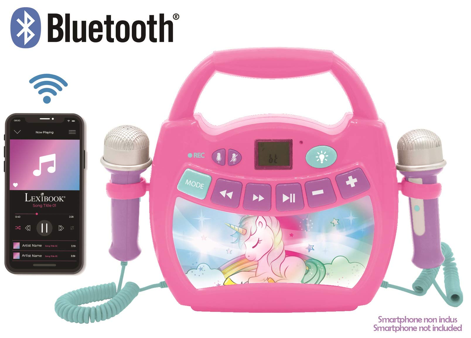 Lexibook, Einhorn, Karaoke-Player, MP320UNIZ | Bluetooth, 2 Mikrofone, Stimmenverzerrer, Aufnahmefunktion, Wiederaufladbar
