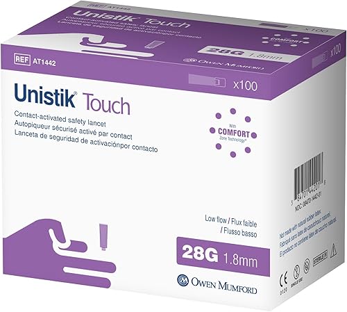 Owen Mumford Unistik Touch - Lancetas de seguridad de bajo flujo, 28G x 0.071in, 100 unidades